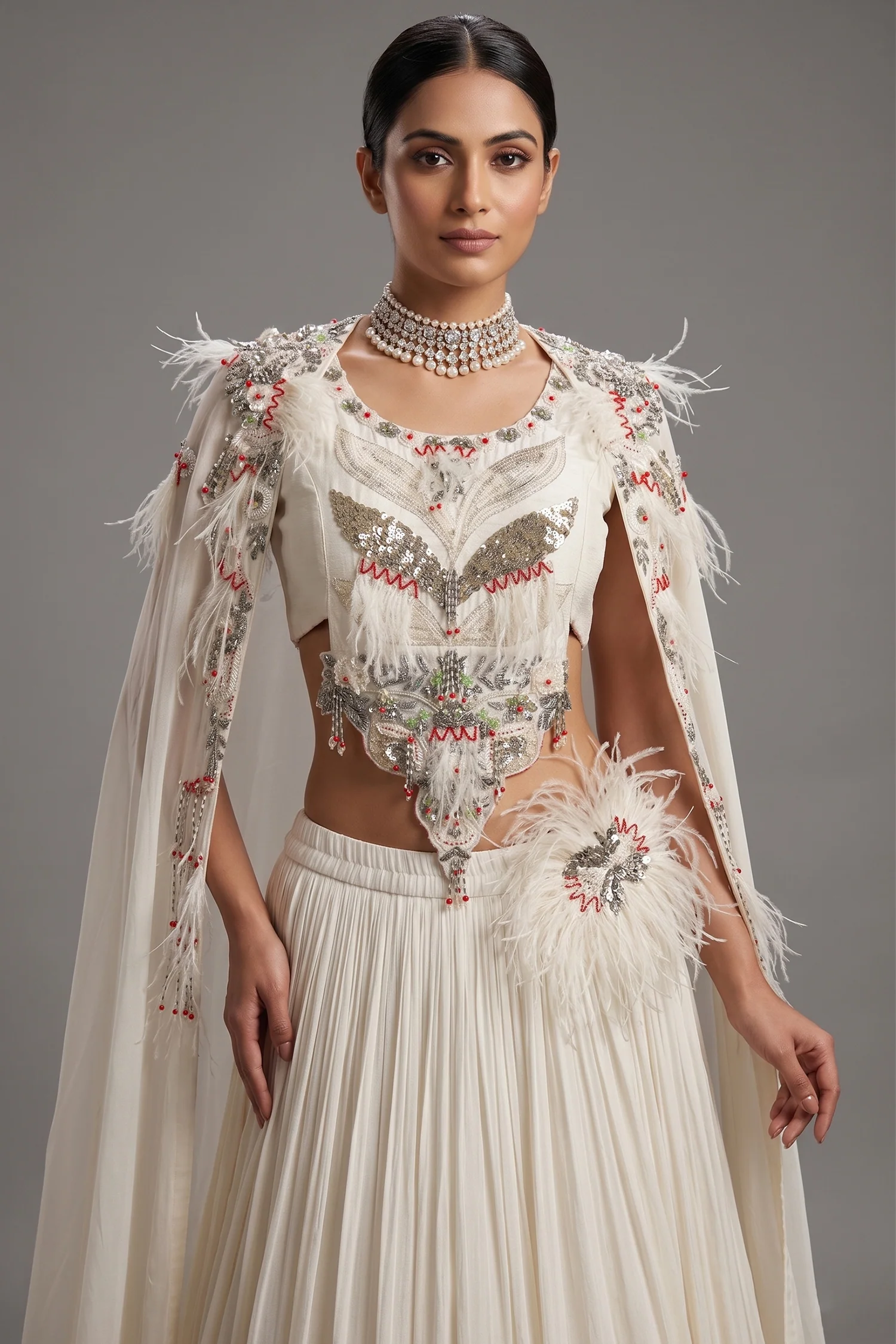Pearl White Sequin Worked Georgette Crop Top Lehenga with Jacket - Image 2