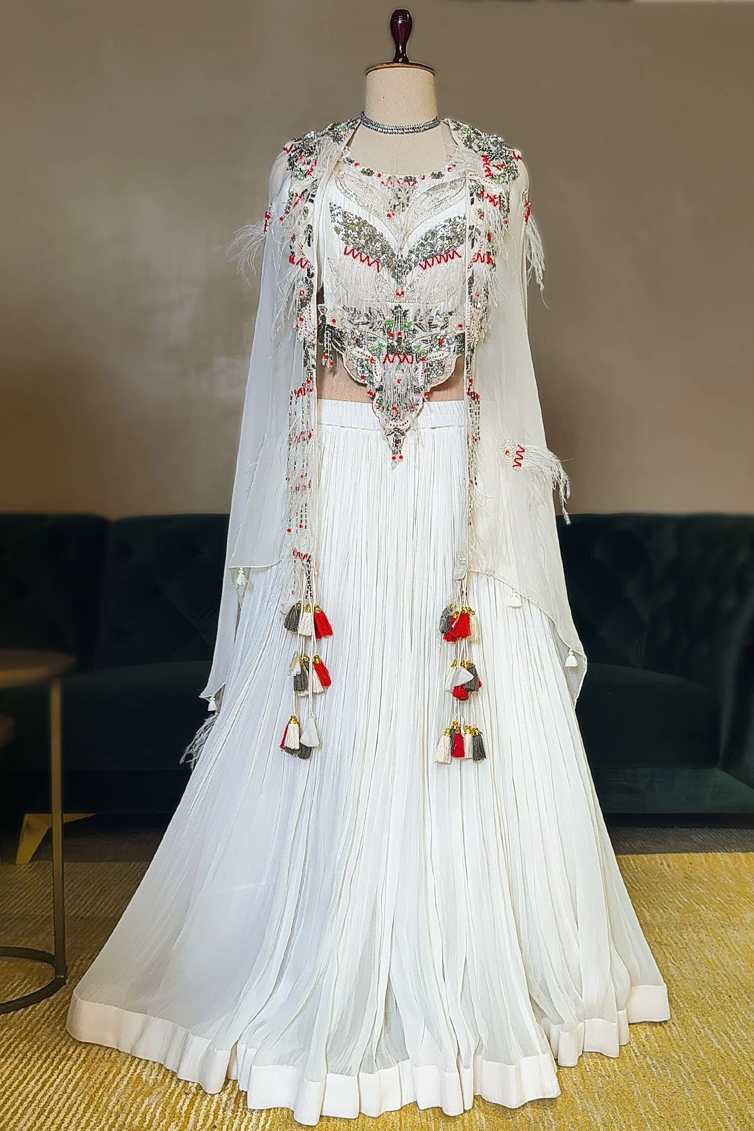 Pearl White Sequin Worked Georgette Crop Top Lehenga with Jacket - Image 3