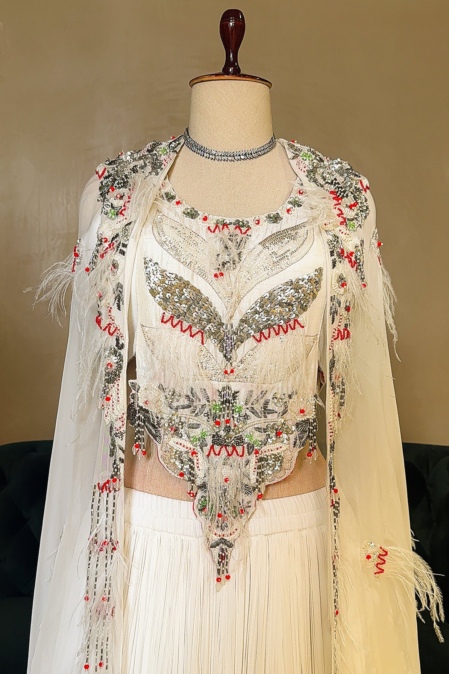 Pearl White Sequin Worked Georgette Crop Top Lehenga with Jacket - Image 4