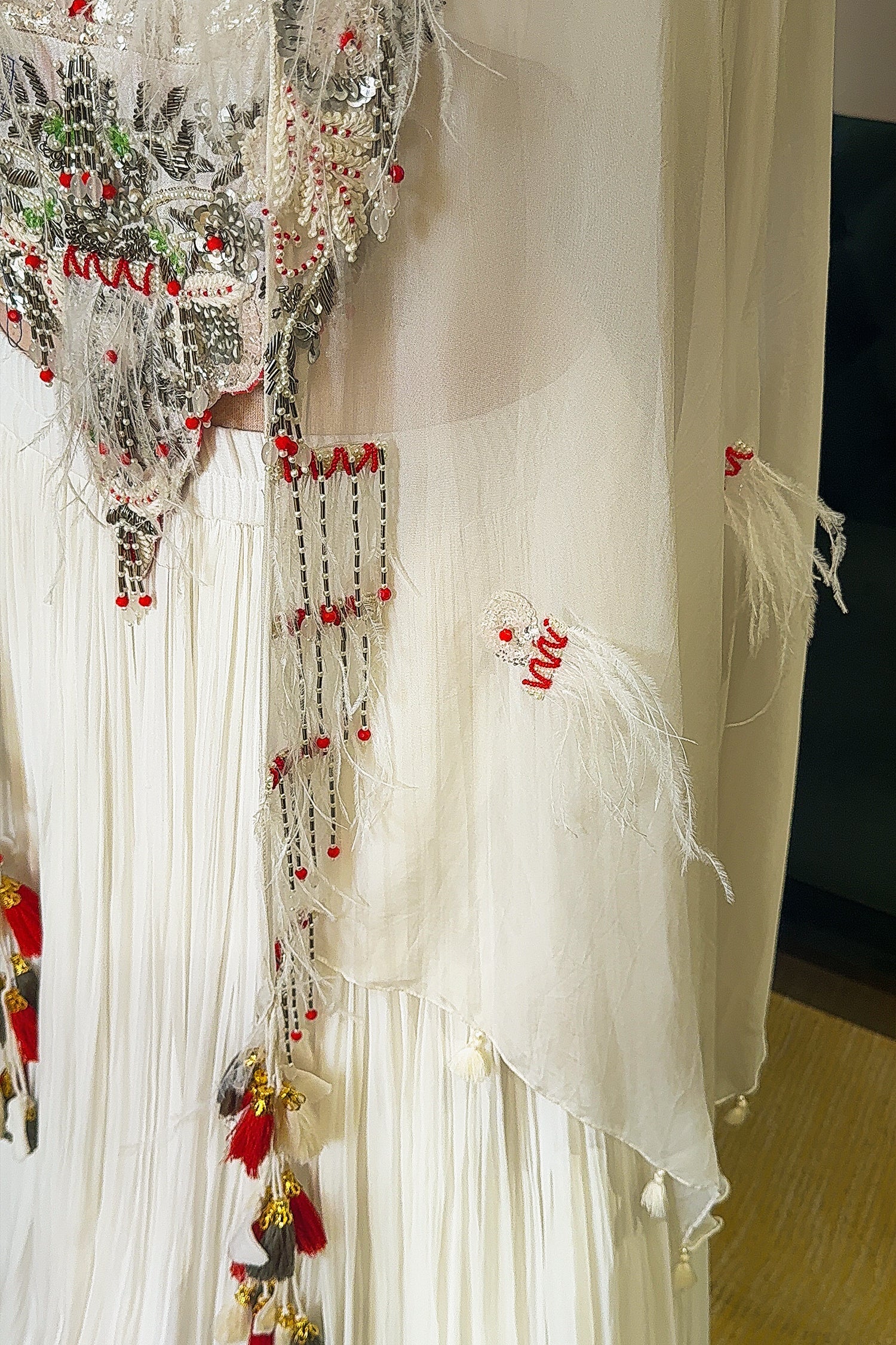 Pearl White Sequin Worked Georgette Crop Top Lehenga with Jacket - Image 5