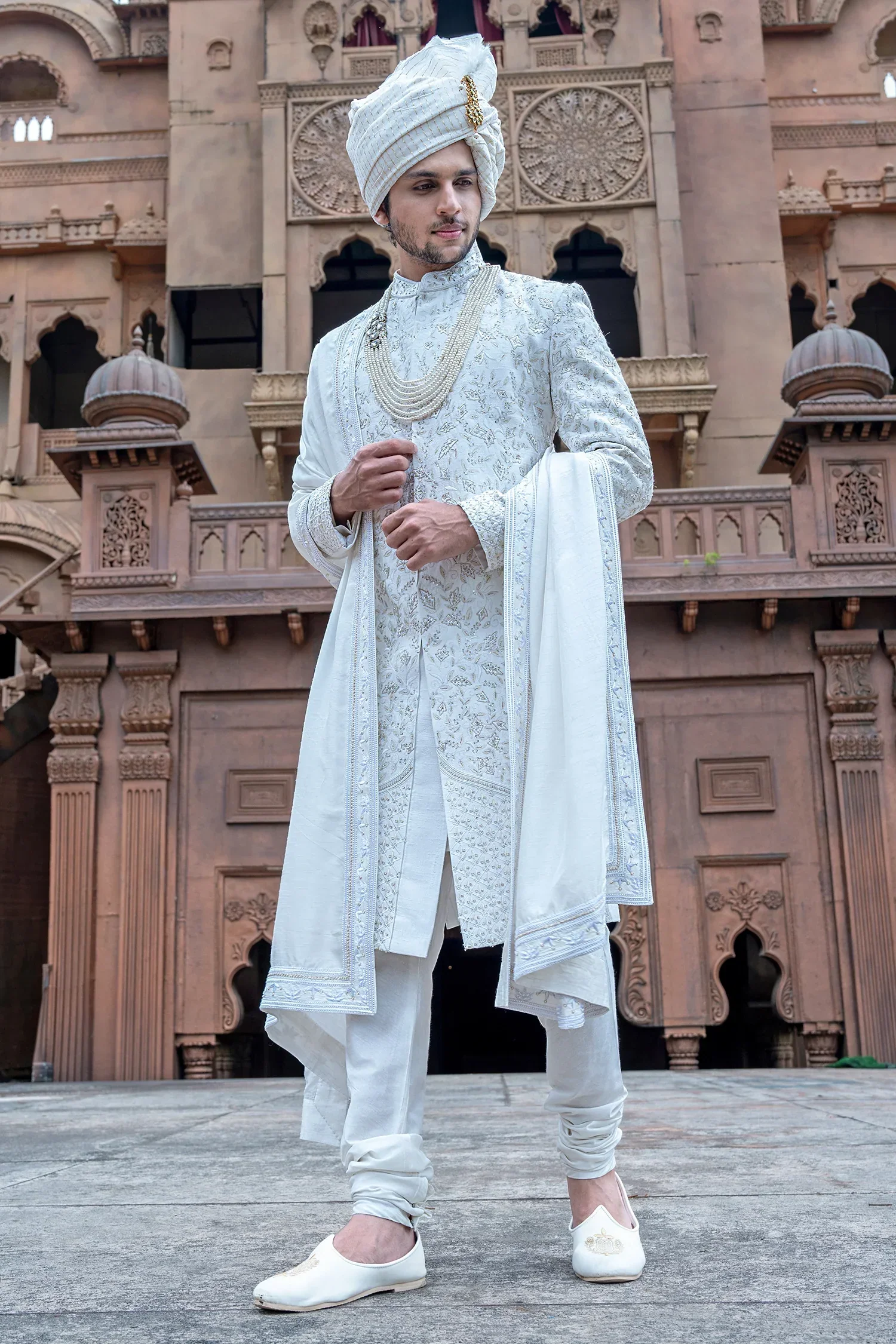 Pearl White Silk Embroidery and Zardosi Work Sherwani Set - Image 2
