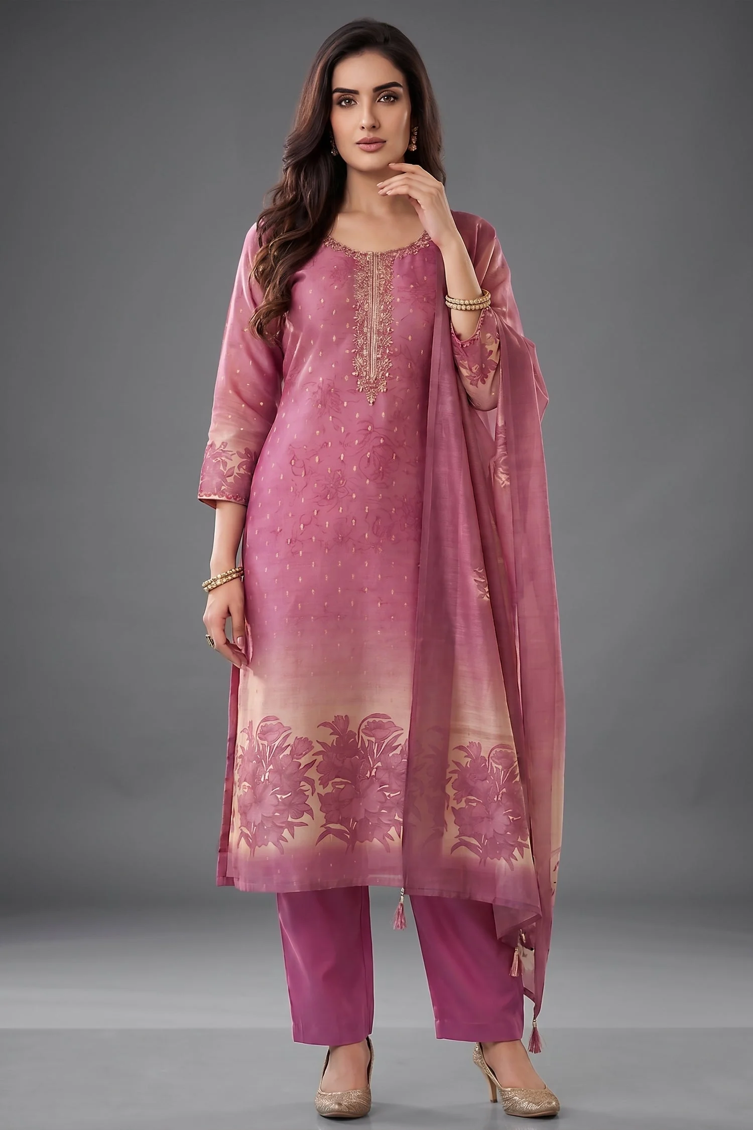 Pink and Cream Tissue Floral Printed Straight Cut Suit