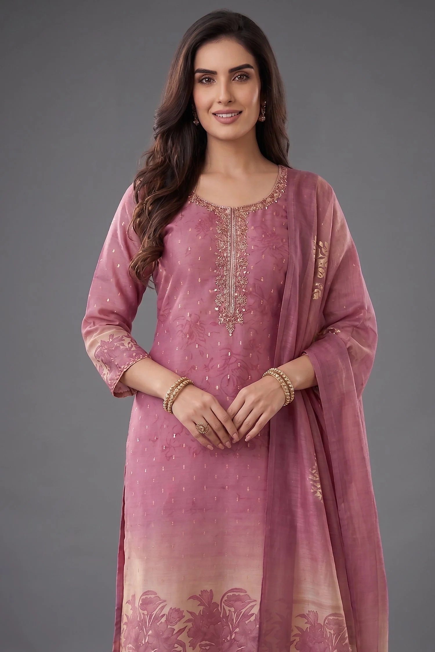 Pink and Cream Tissue Floral Printed Straight Cut Suit - Image 2