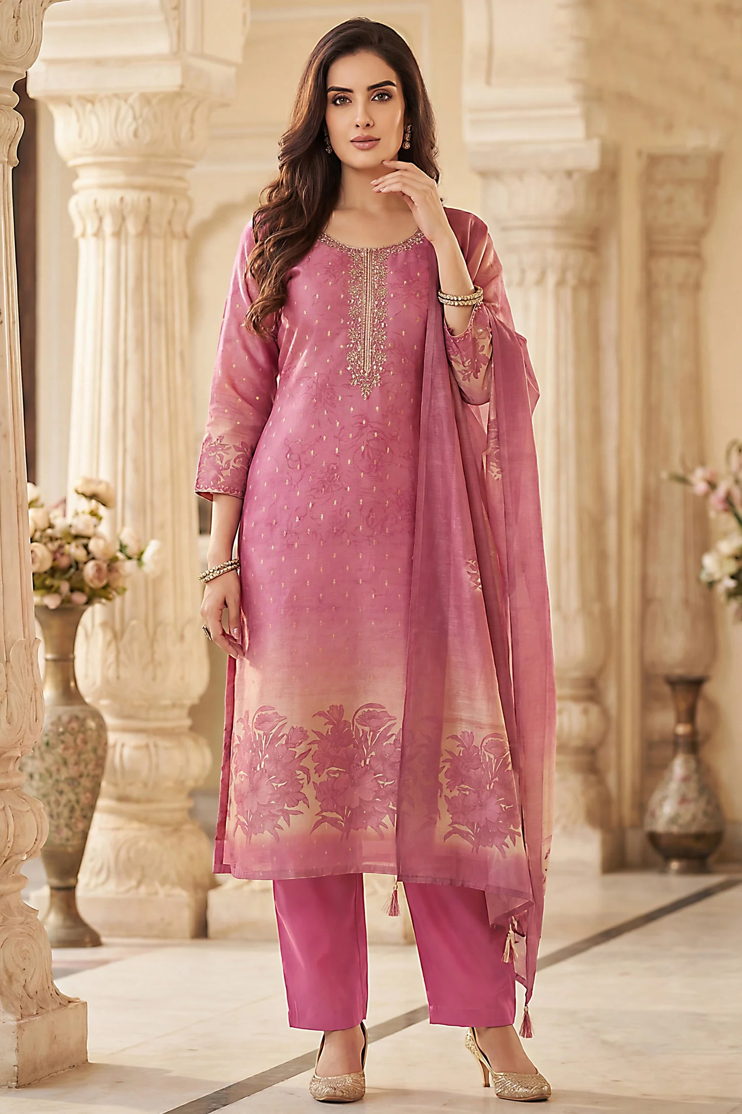 Pink and Cream Tissue Floral Printed Straight Cut Suit - Image 3