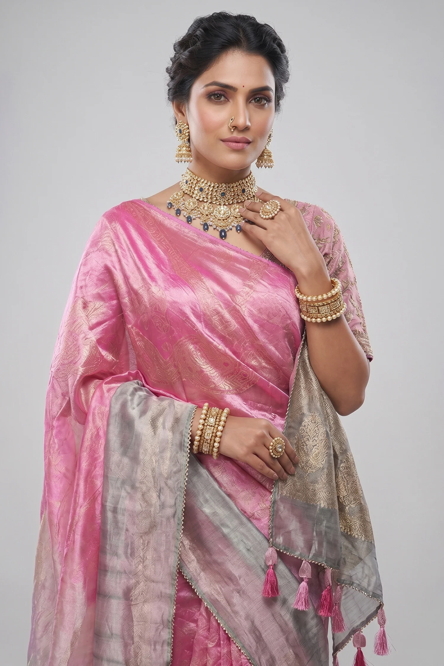Pink and Grey Omber Organza Silk Saree with Weaving Pallu and Readymade Blouse - Image 2
