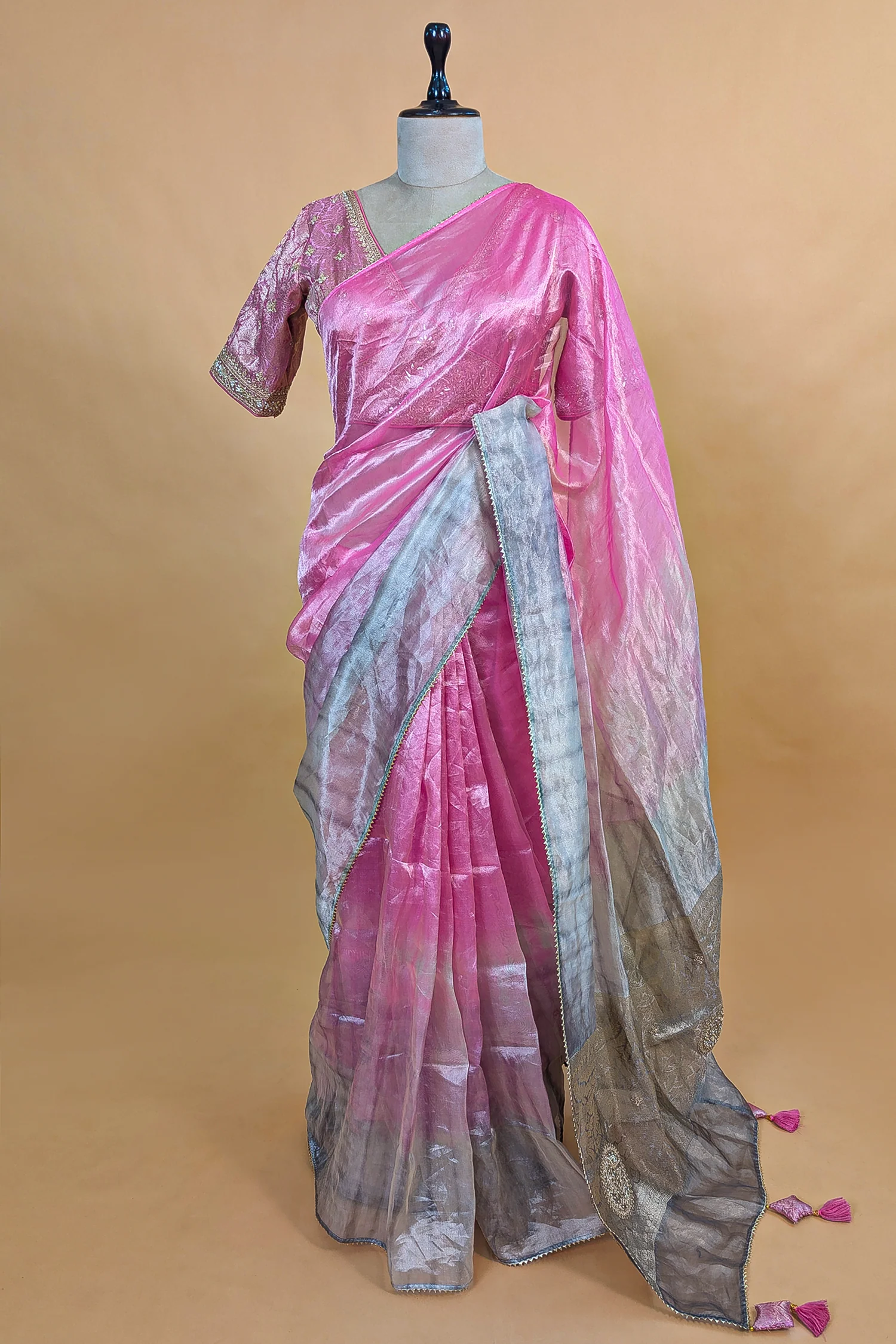 Pink and Grey Omber Organza Silk Saree with Weaving Pallu and Readymade Blouse - Image 3