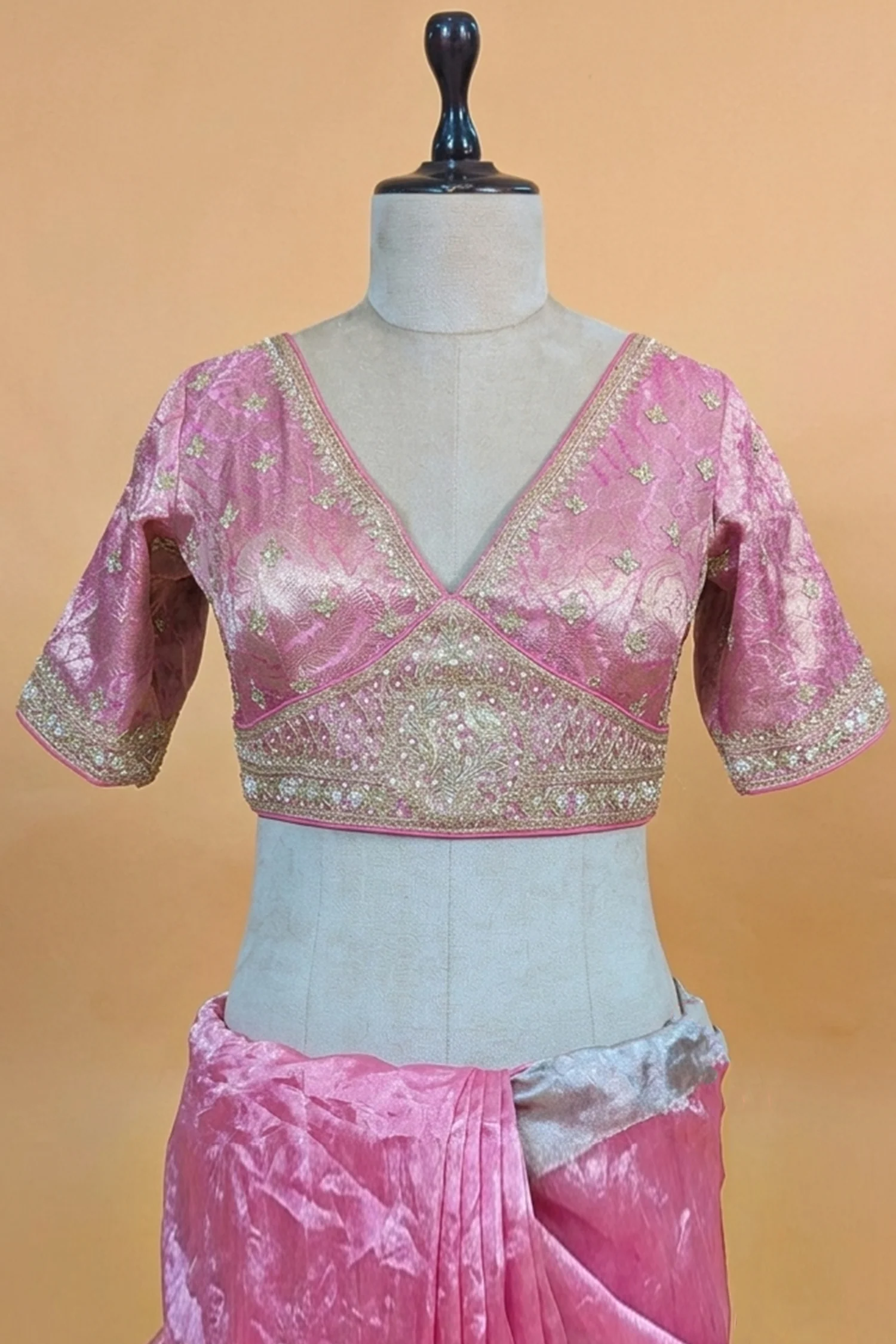 Pink and Grey Omber Organza Silk Saree with Weaving Pallu and Readymade Blouse - Image 5