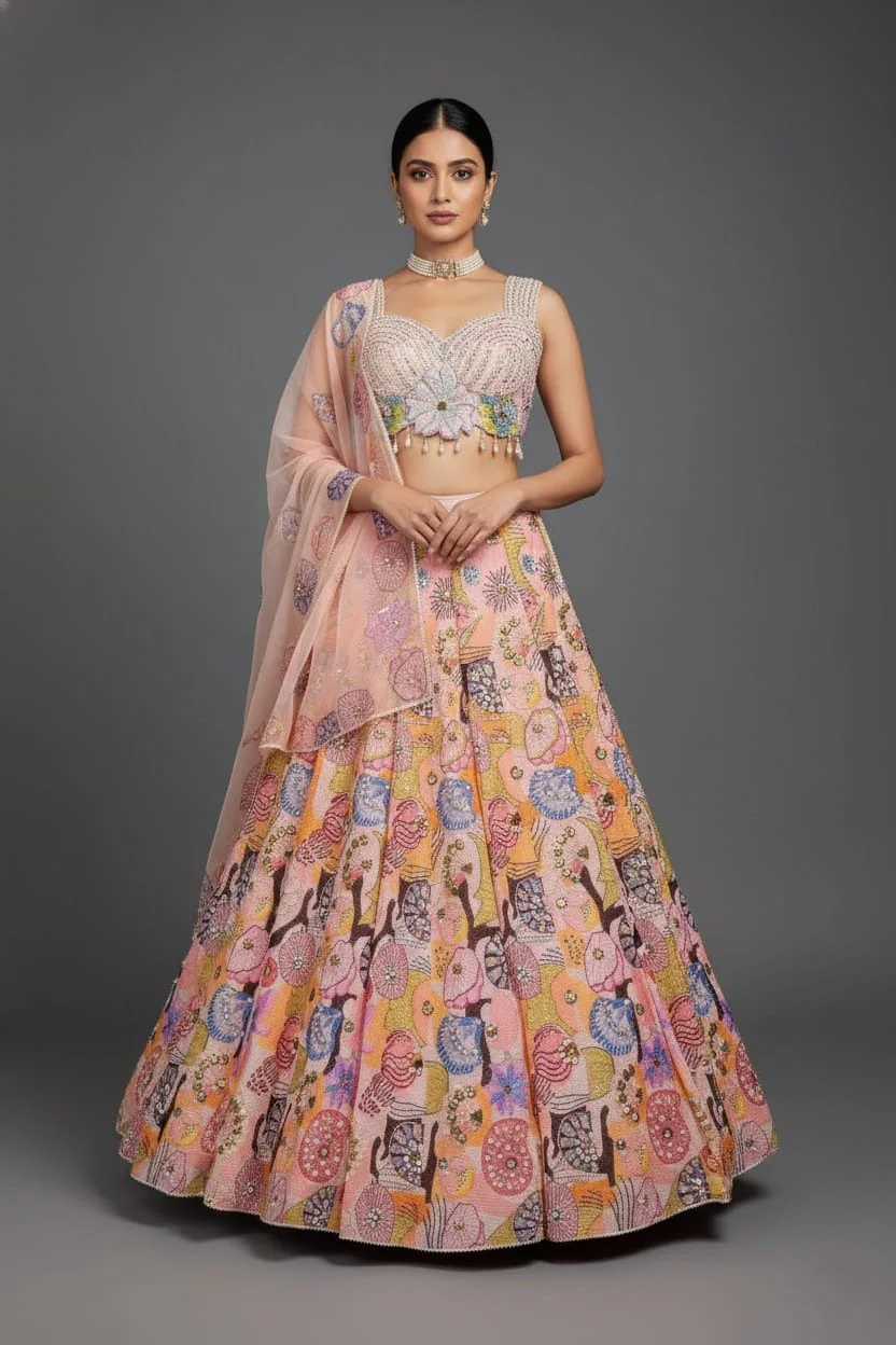 Pink and Multi Colored Chinon Sequin and Floral Printed Lehenga