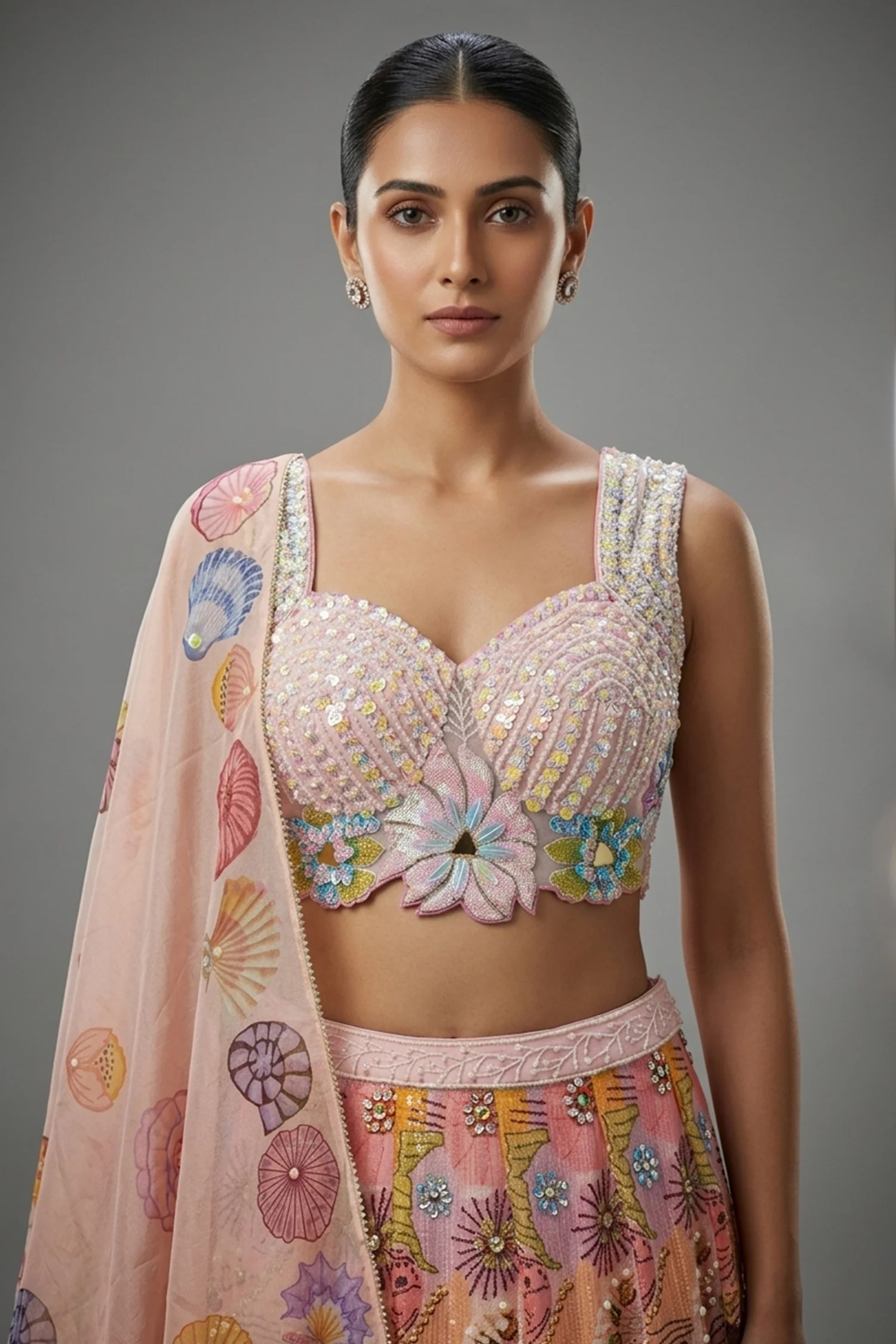 Pink and Multi Colored Chinon Sequin and Floral Printed Lehenga - Image 2