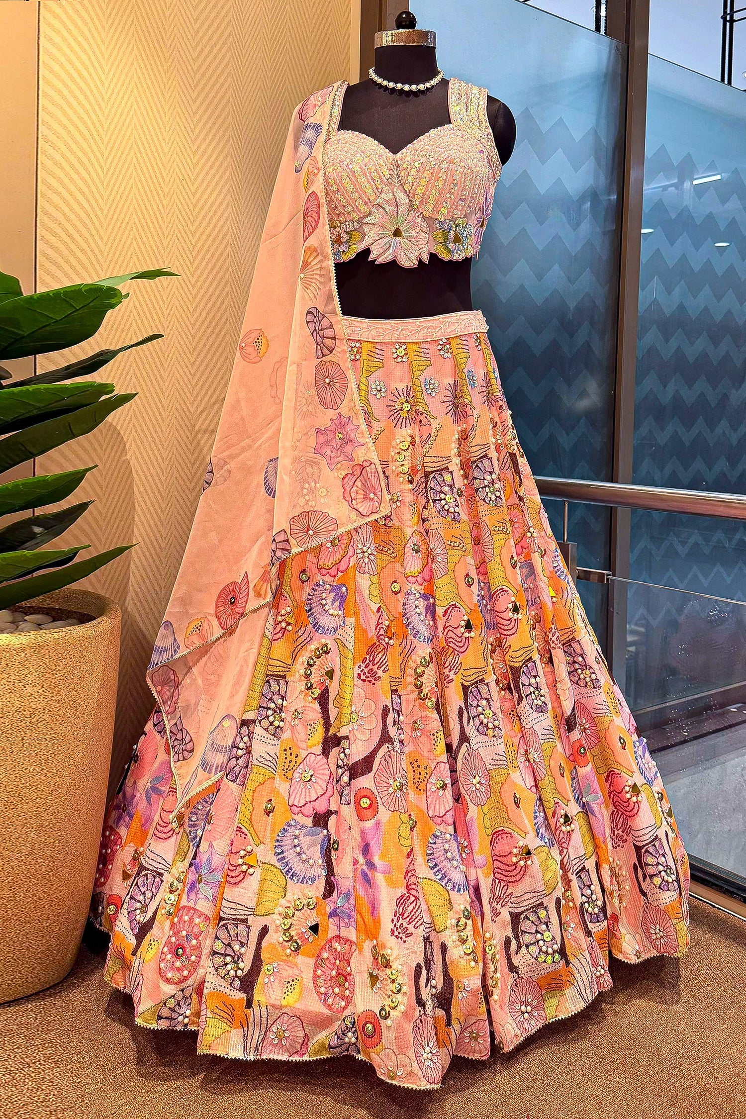 Pink and Multi Colored Chinon Sequin and Floral Printed Lehenga - Image 3
