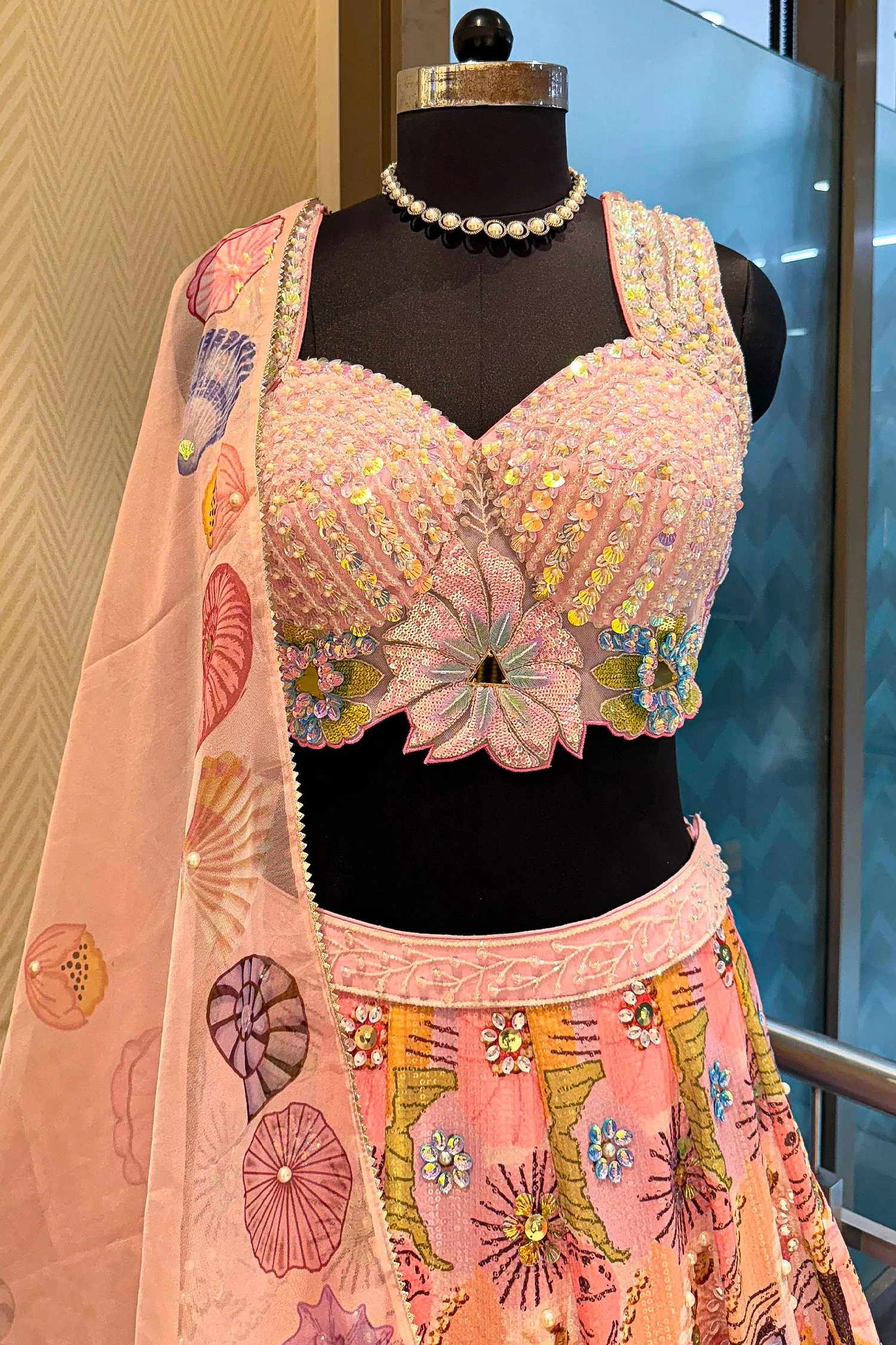 Pink and Multi Colored Chinon Sequin and Floral Printed Lehenga - Image 4