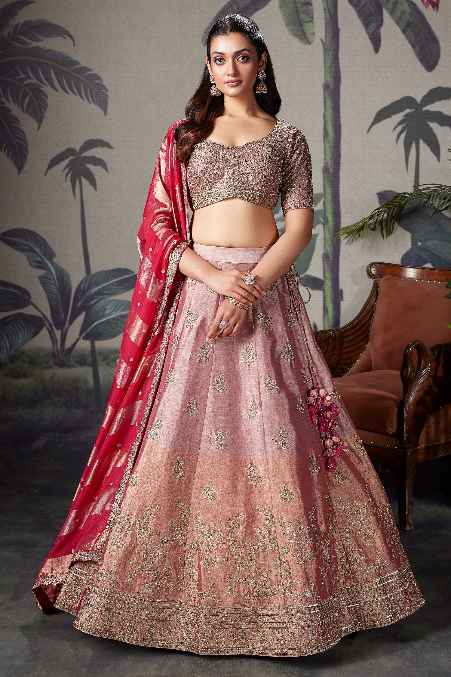 Pink and Peach Ombre Tissue Silk Zardosi Worked Lehenga - Image 3