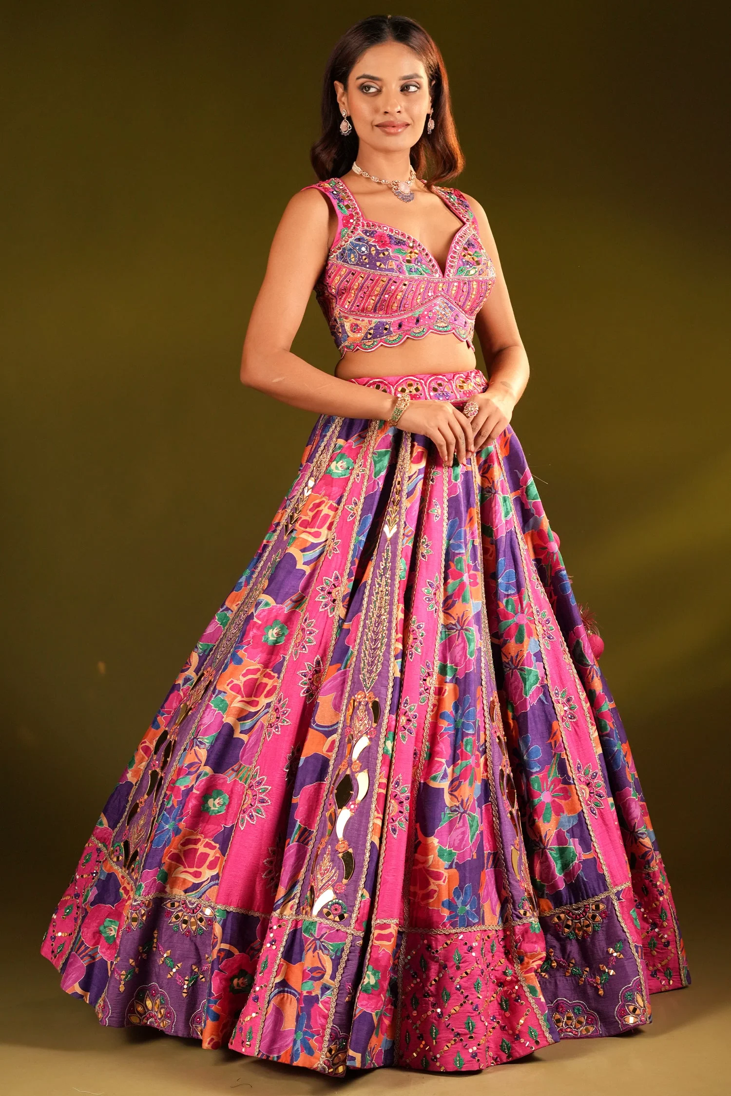 Pink and Purple Silk Floral Printed Designer Lehenga with Mirror Work - Image 2