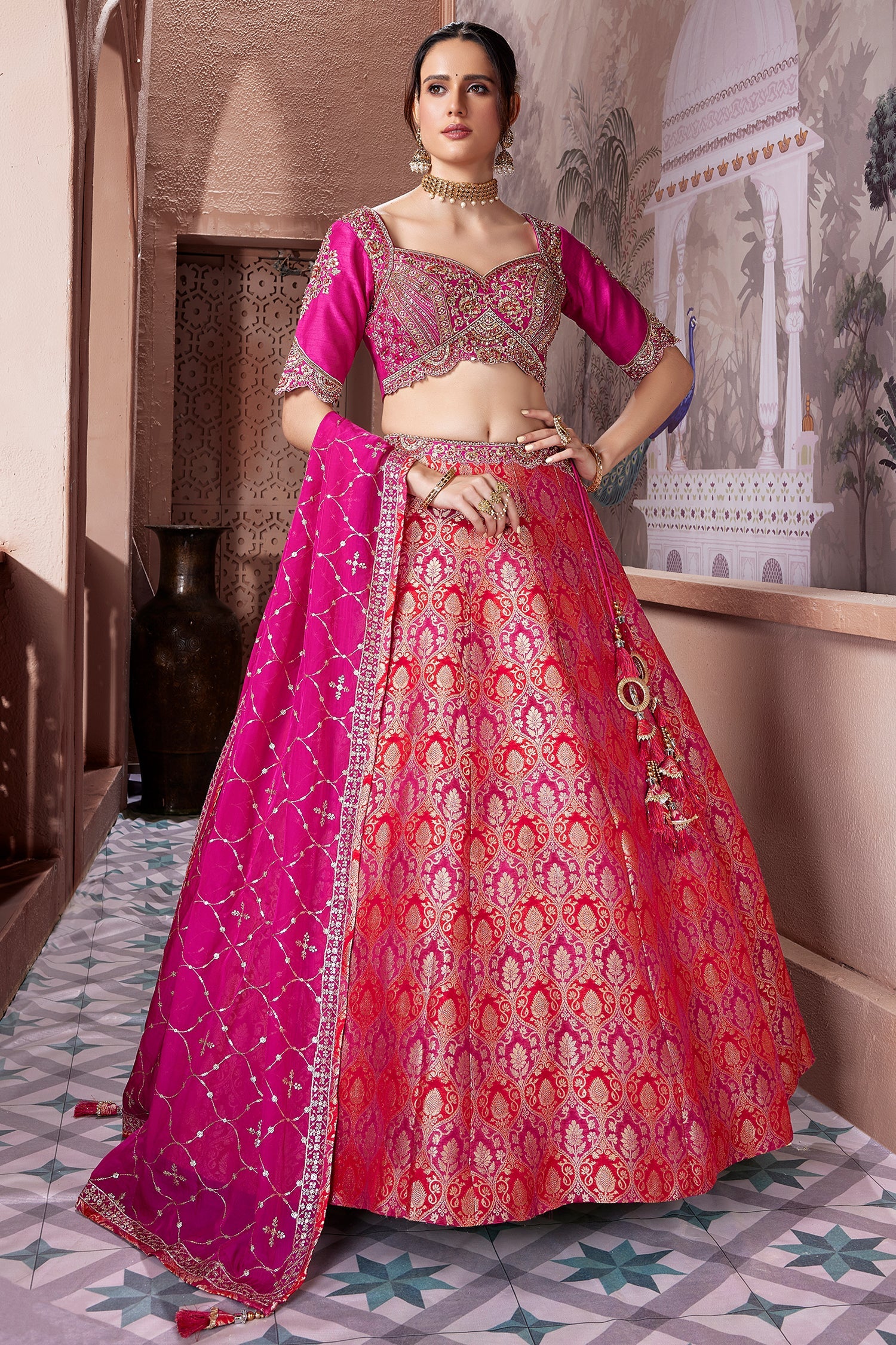 Pink and Red Banarasi Silk All Over Woven Lehenga - Image 3