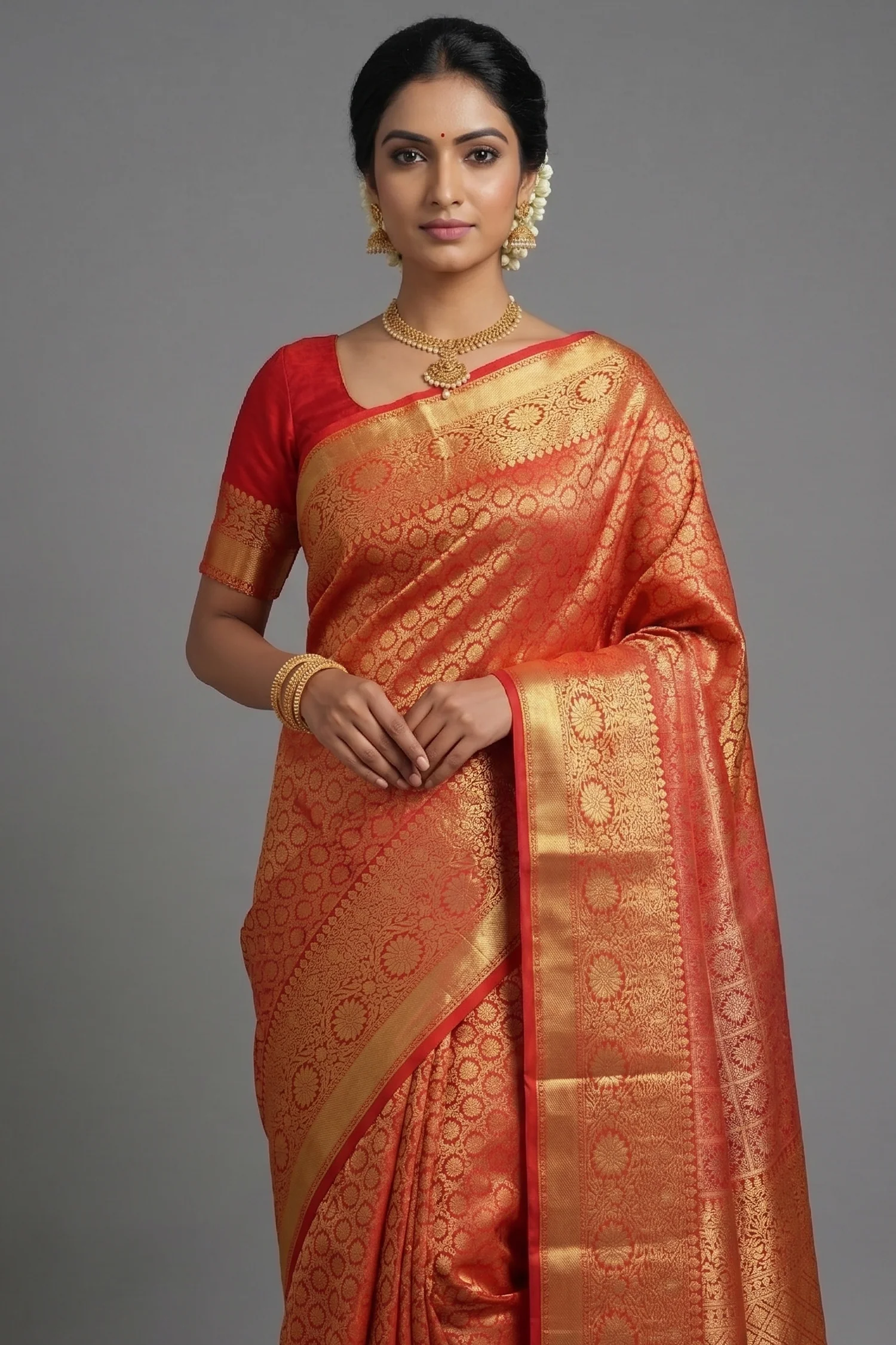 Pink and Red Dual Toned Kanchipuram Silk Woven Saree - Image 2