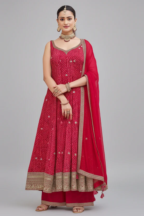 Pink and Red Georgette Bandhej Printed Anarkali Palazzo Suit