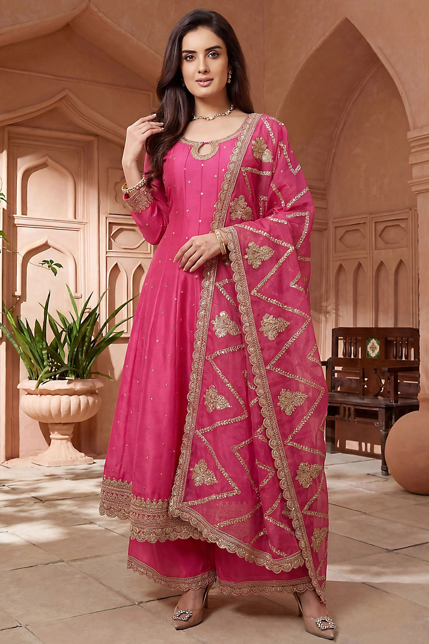 Pink Art Silk Embroidered Anarkali Palazzo Suit - Image 2