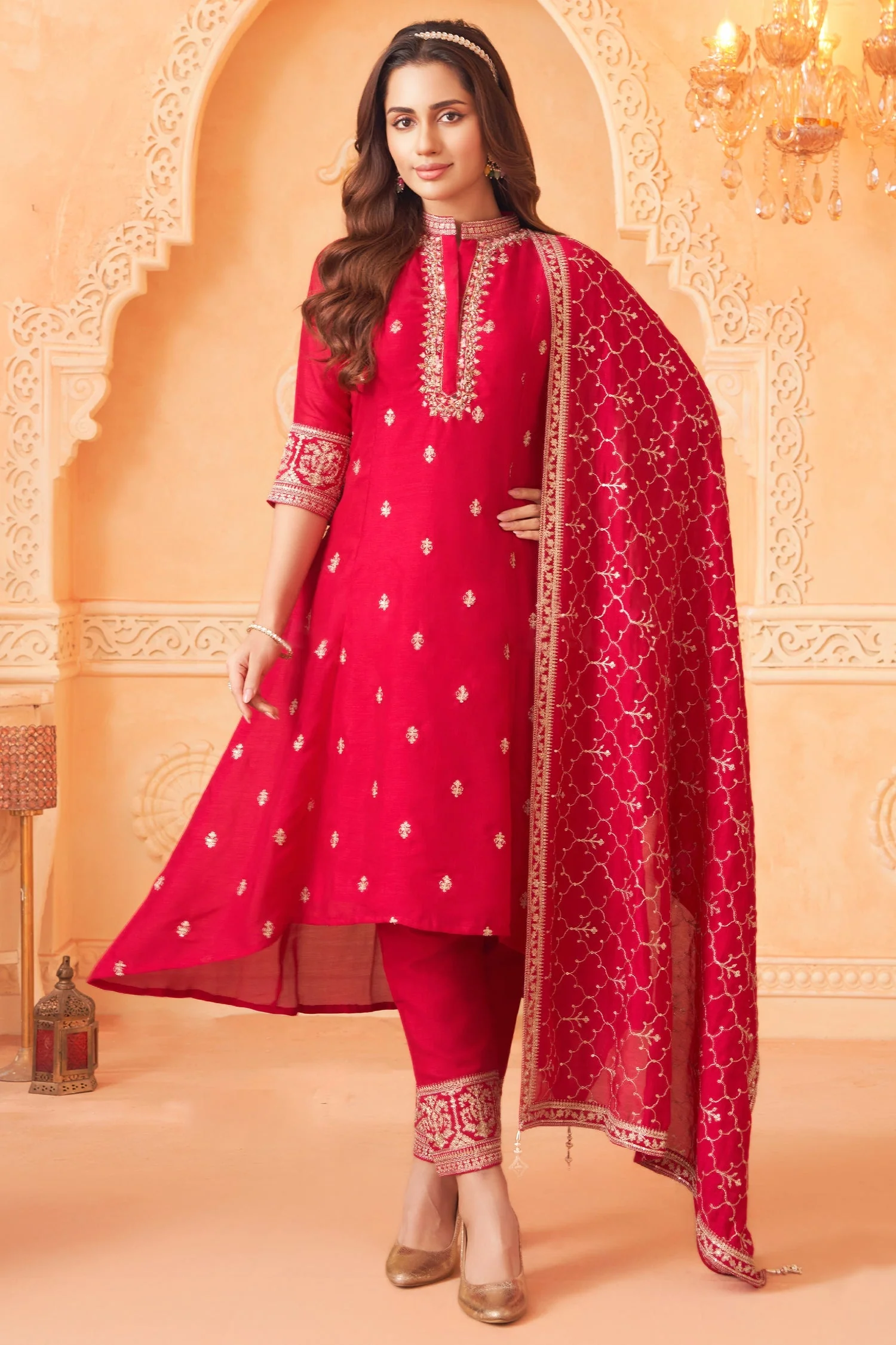 Pink Art Silk High and Low Sequin and Mirror Worked Suit - Image 3