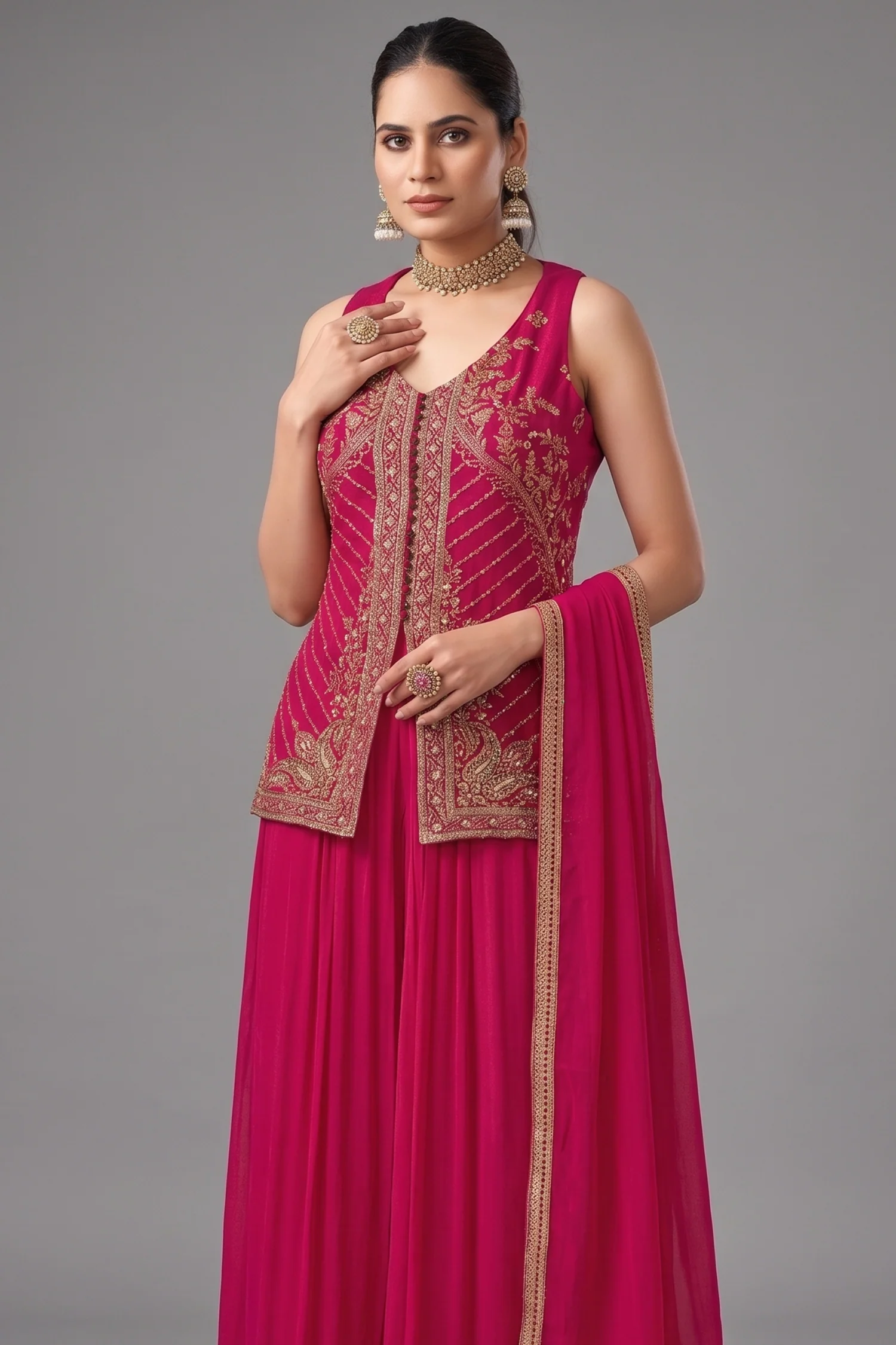 Pink Art Silk Woven Palazzo Suit with Sequin Cutdana Work - Image 2