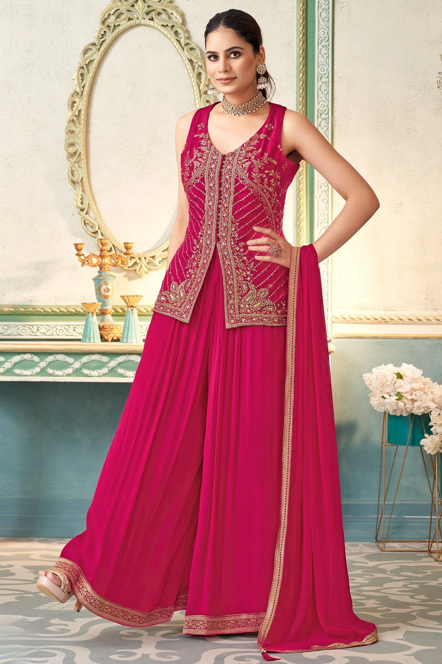 Pink Art Silk Woven Palazzo Suit with Sequin Cutdana Work - Image 3