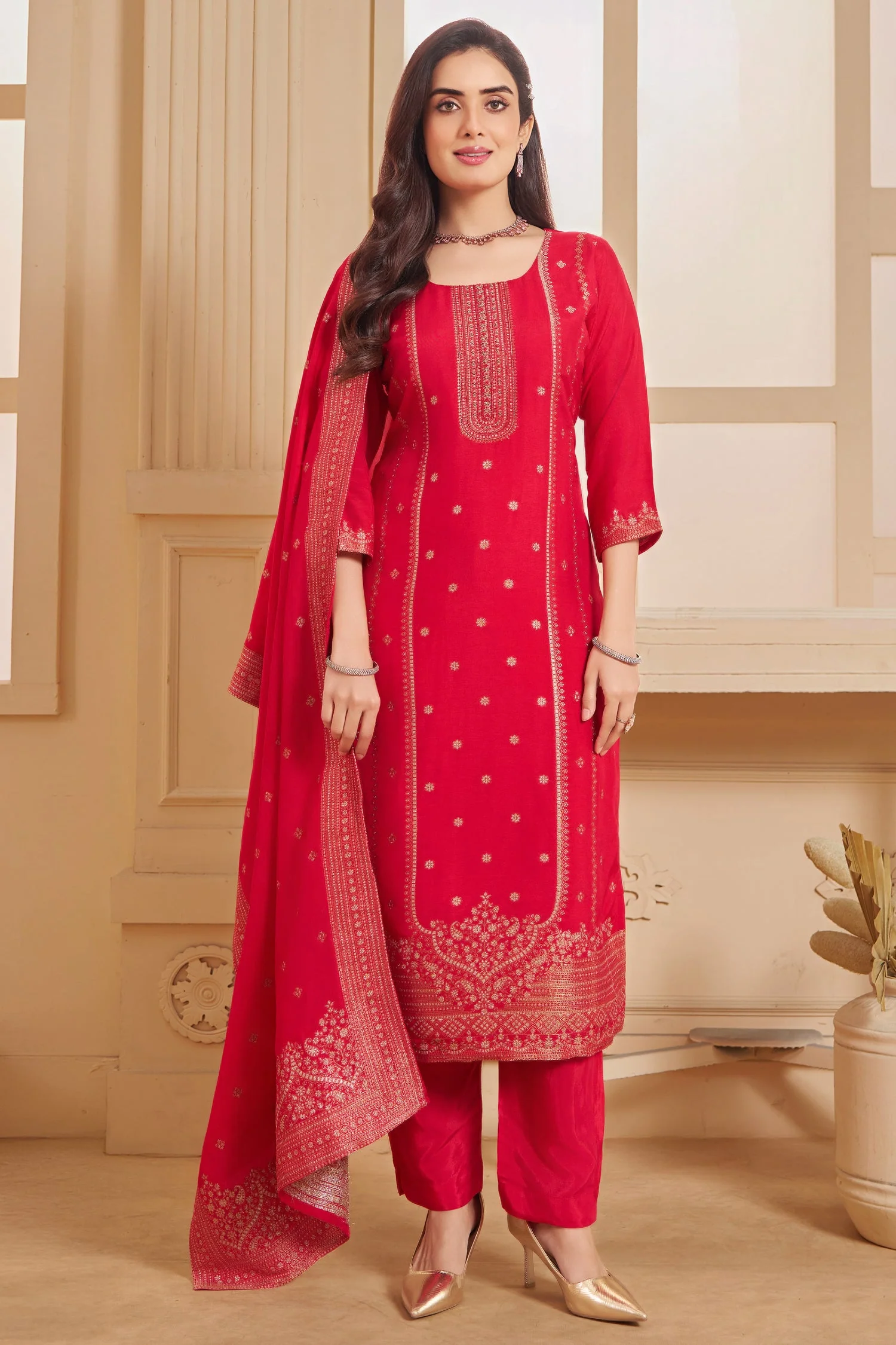 Pink Art Silk Woven Straight Cut Suit - Image 3