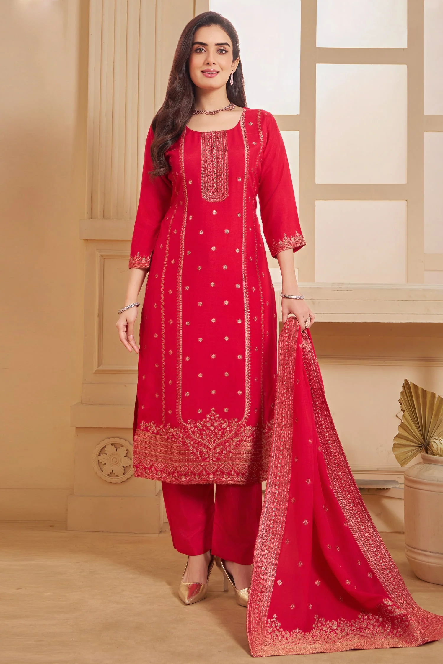 Pink Art Silk Woven Straight Cut Suit - Image 4