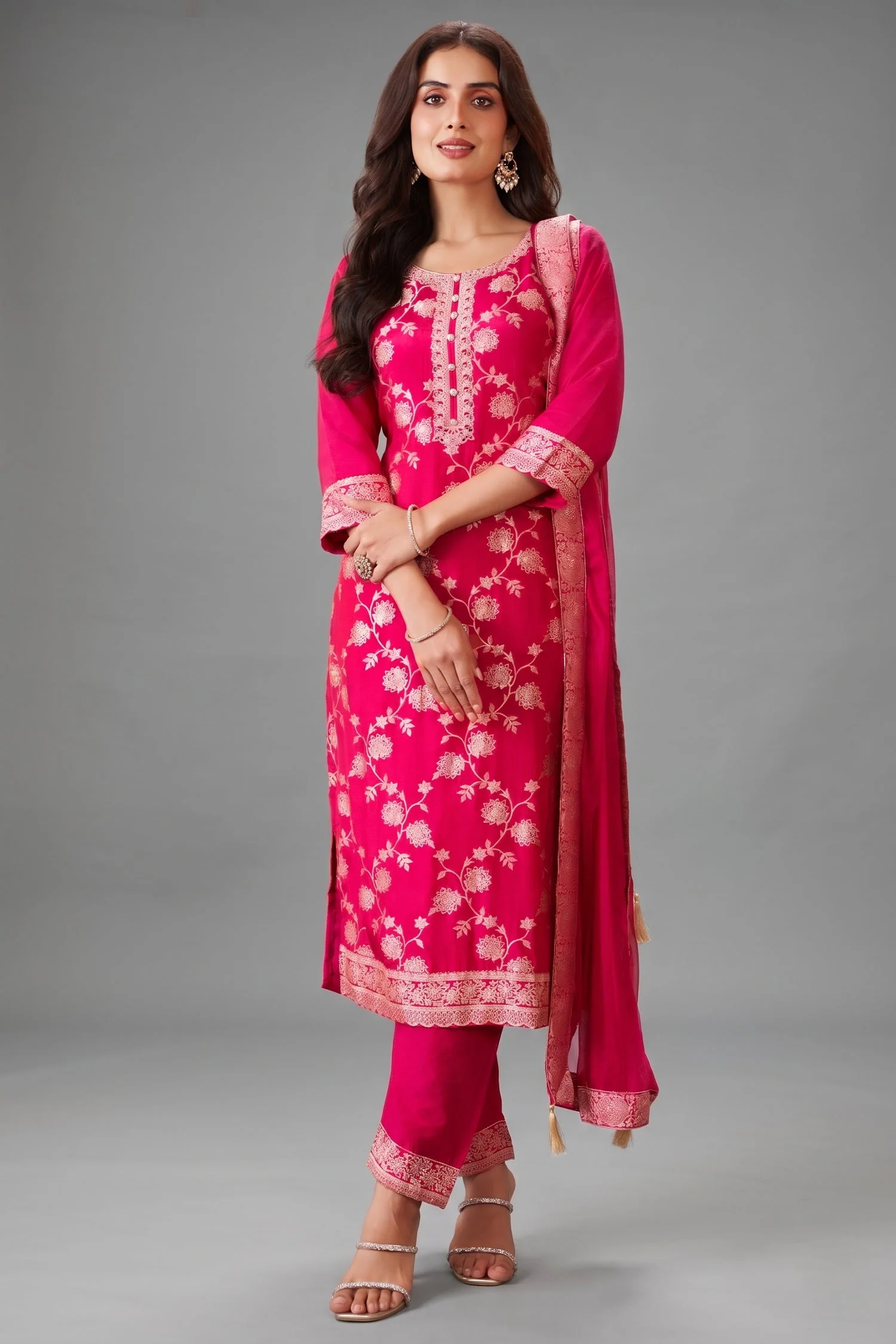 Pink Art Silk Woven Straight Cut Suit