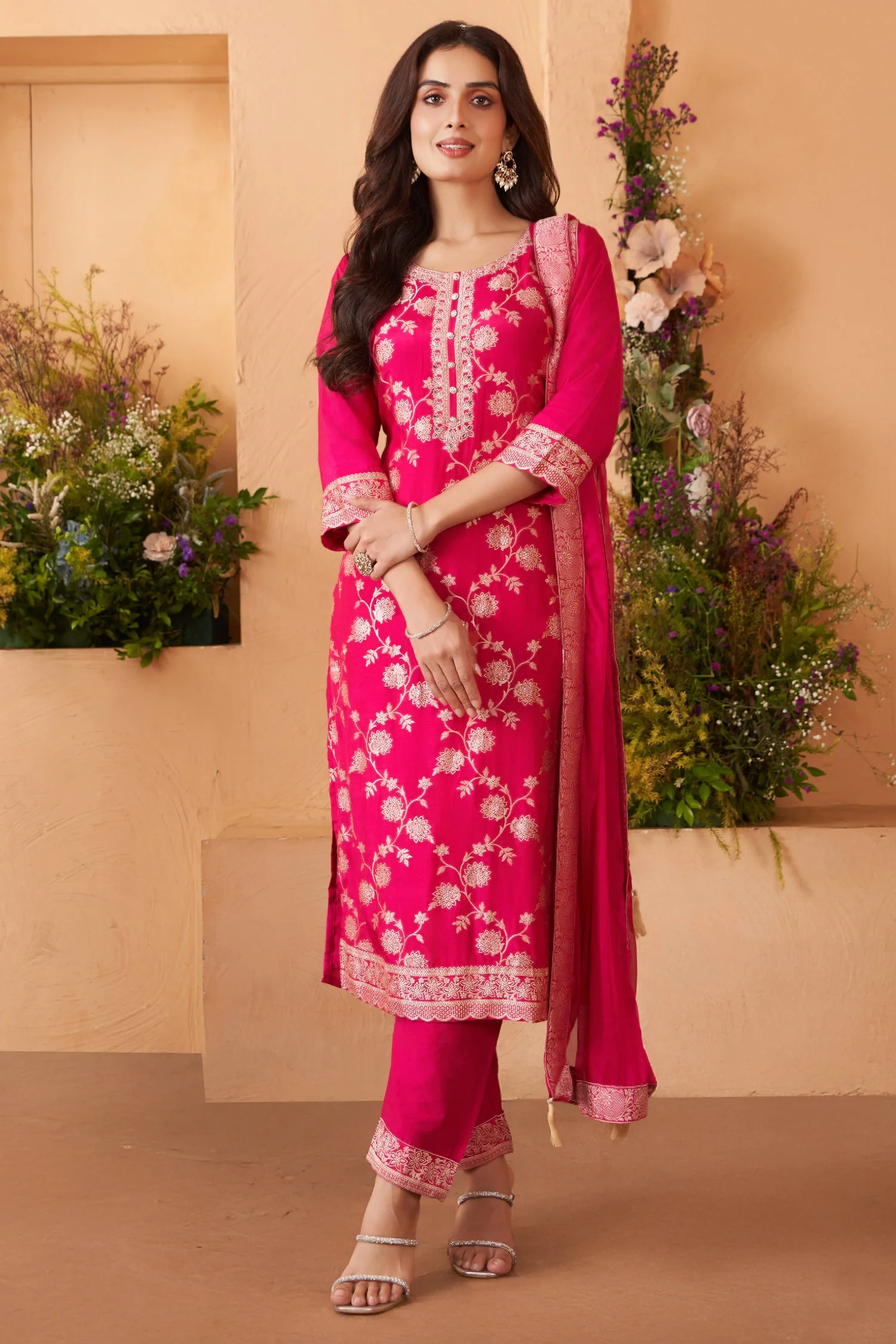 Pink Art Silk Woven Straight Cut Suit - Image 3