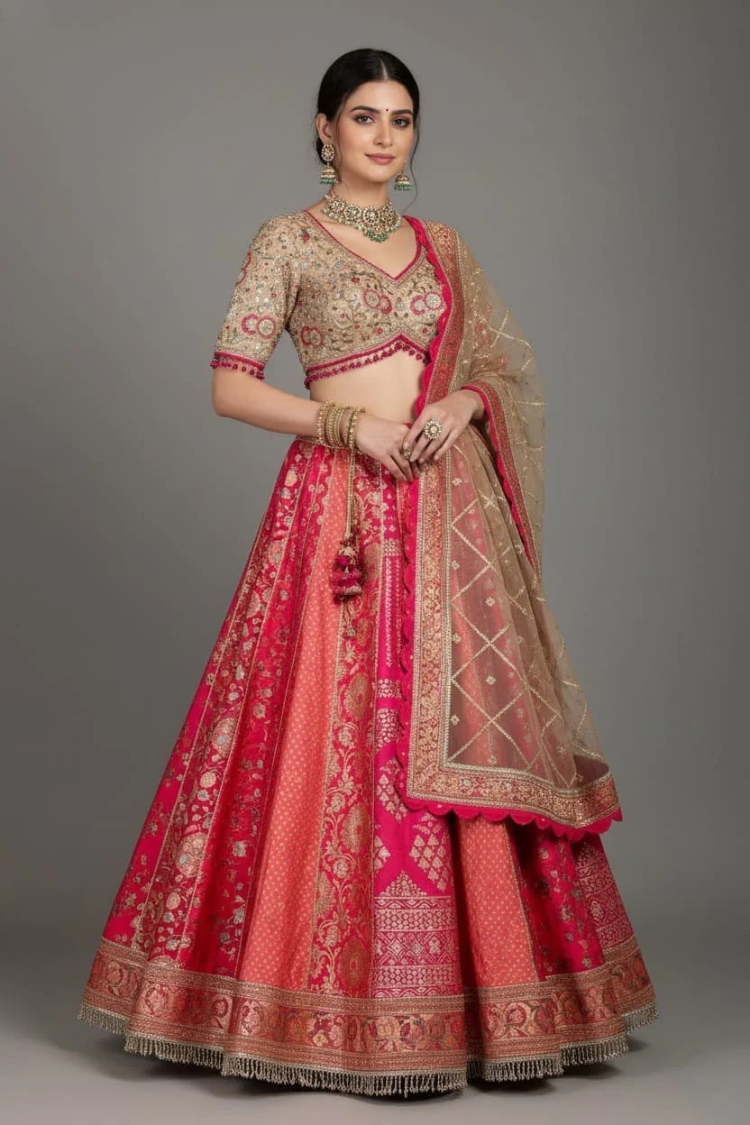Pink Banarasi Silk Woven Lehenga
