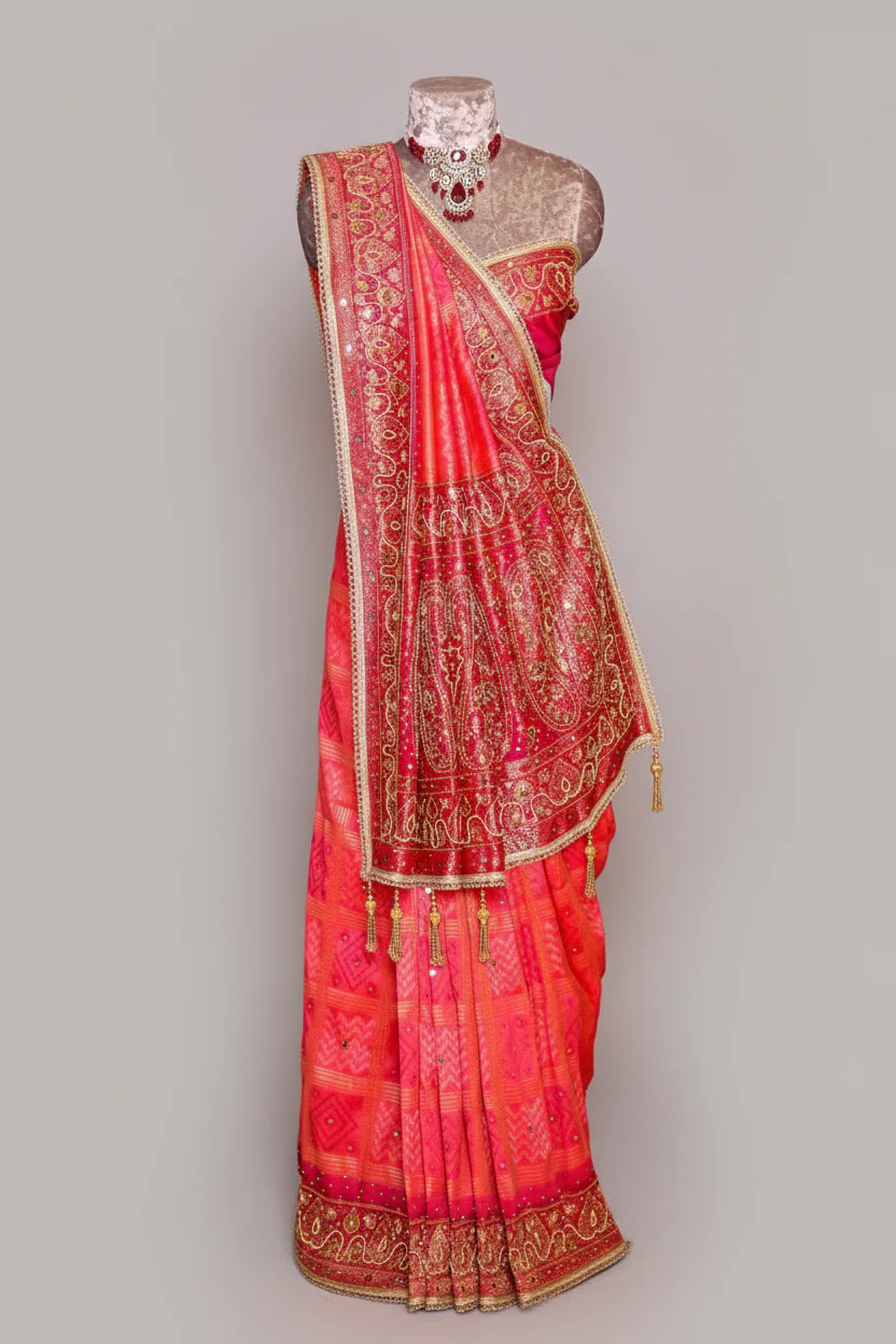 Pink Checks Art Silk Saree with Handworked Border and Pallu - Image 3