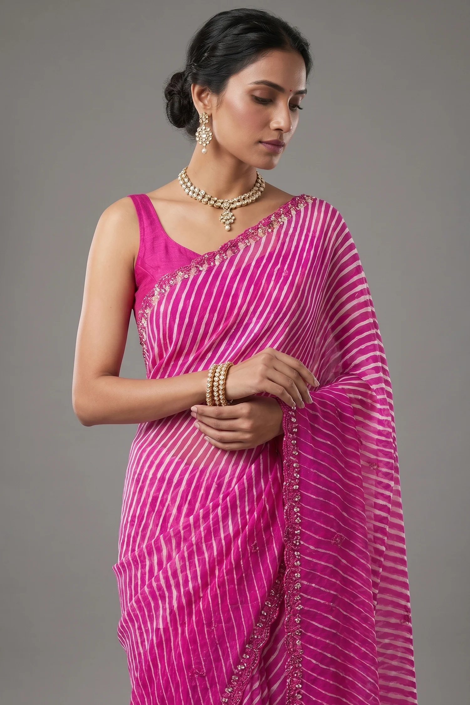 Pink Chiffon Georgette Leheriya Printed Saree with Applique Work - Image 2