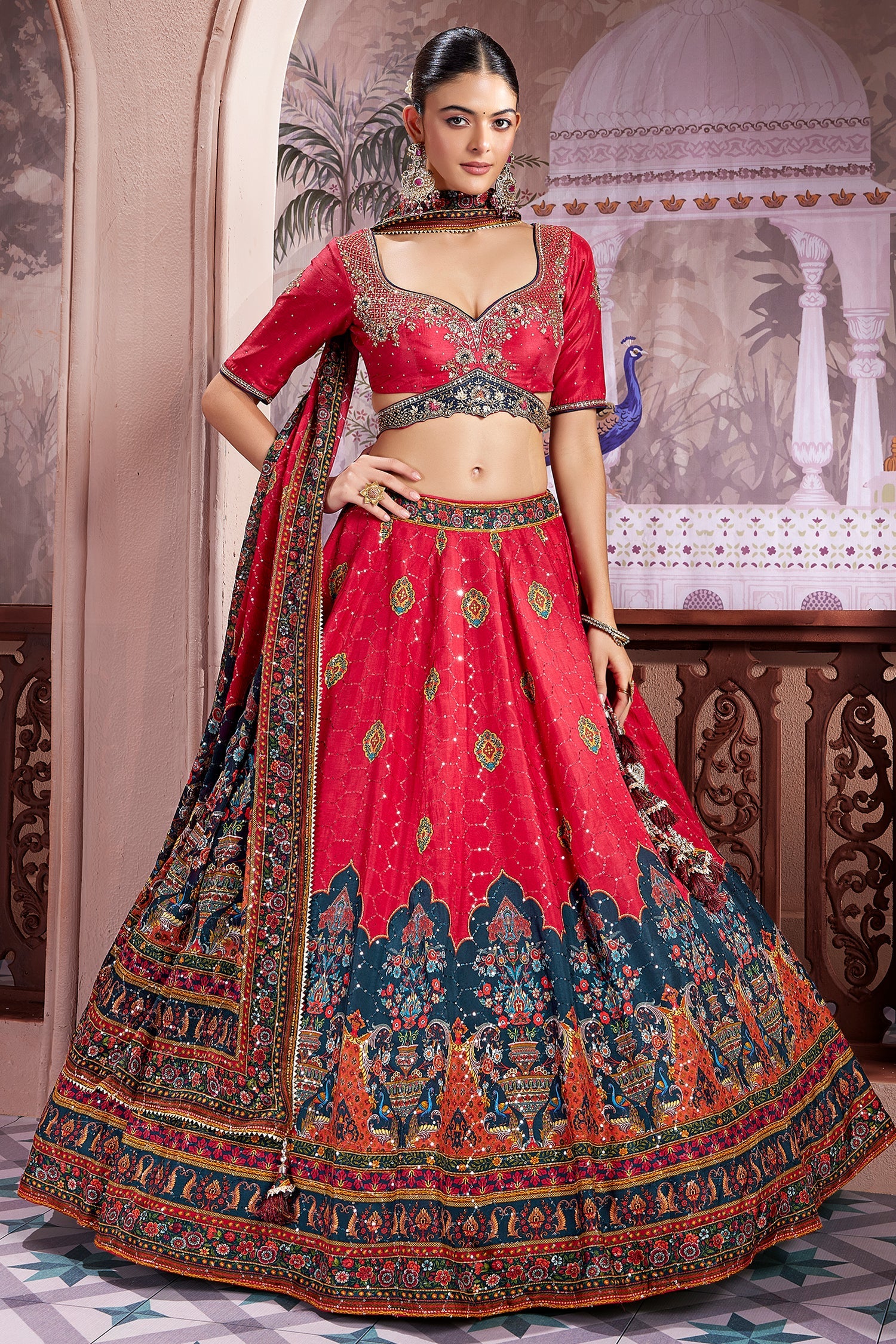 Pink Chiffon Silk Digital Floral Printed Lehenga with Sequins Work - Image 3