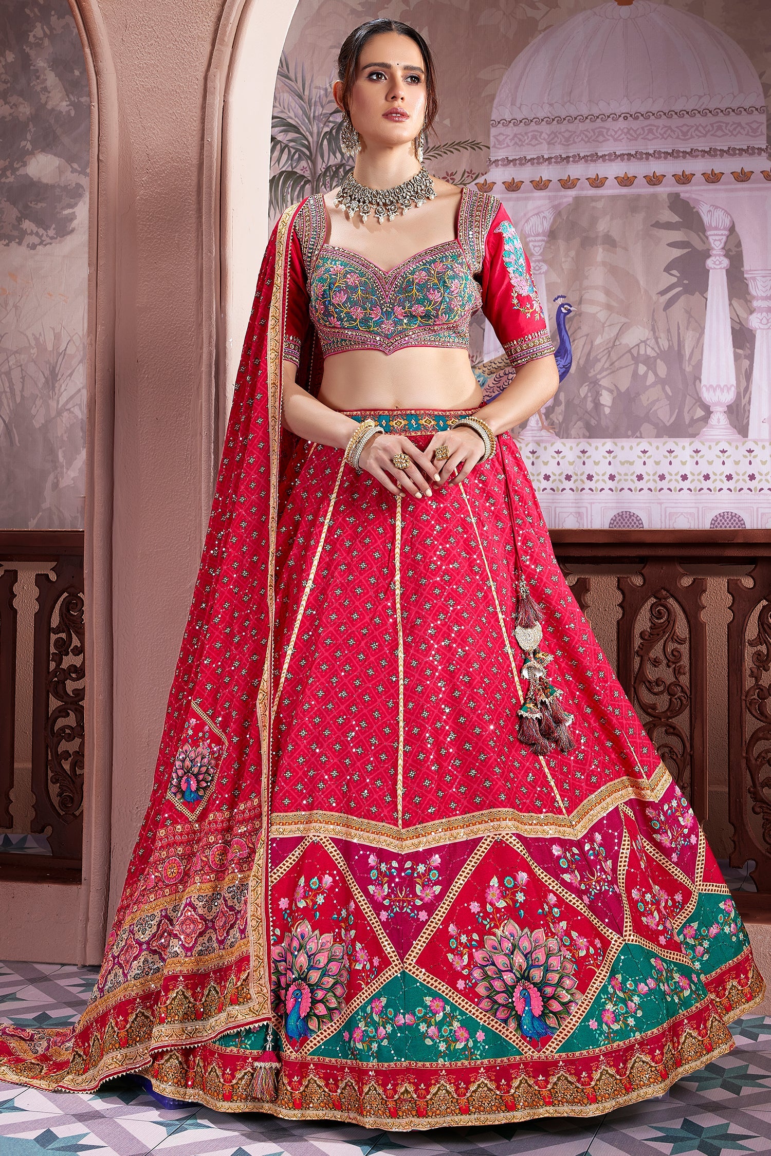 Pink Chiffon Silk Printed Lehenga with Sequins Work - Image 3
