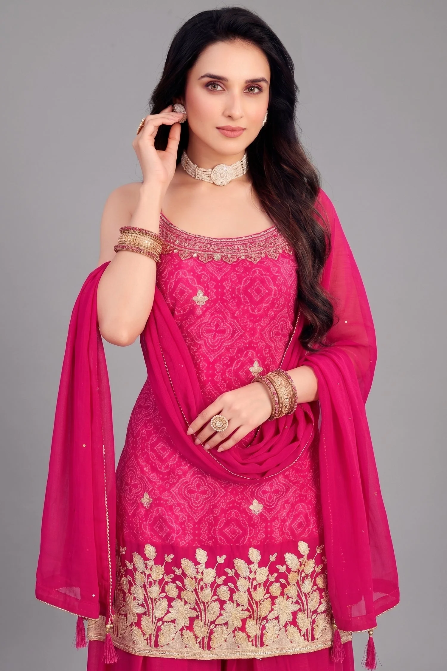 Pink Chinon Chiffon Printed Palazzo Suit with Gota Work - Image 2