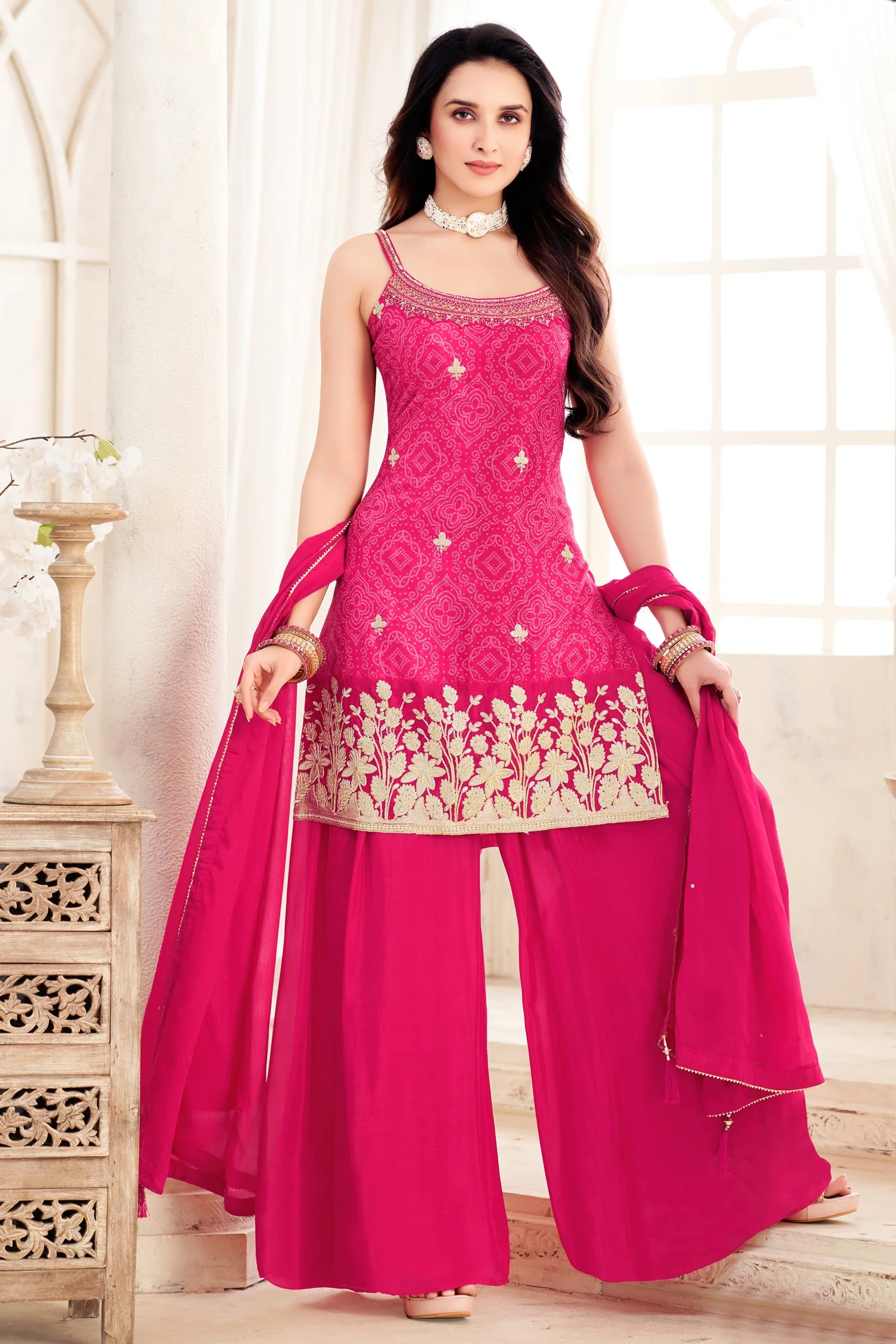 Pink Chinon Chiffon Printed Palazzo Suit with Gota Work - Image 3