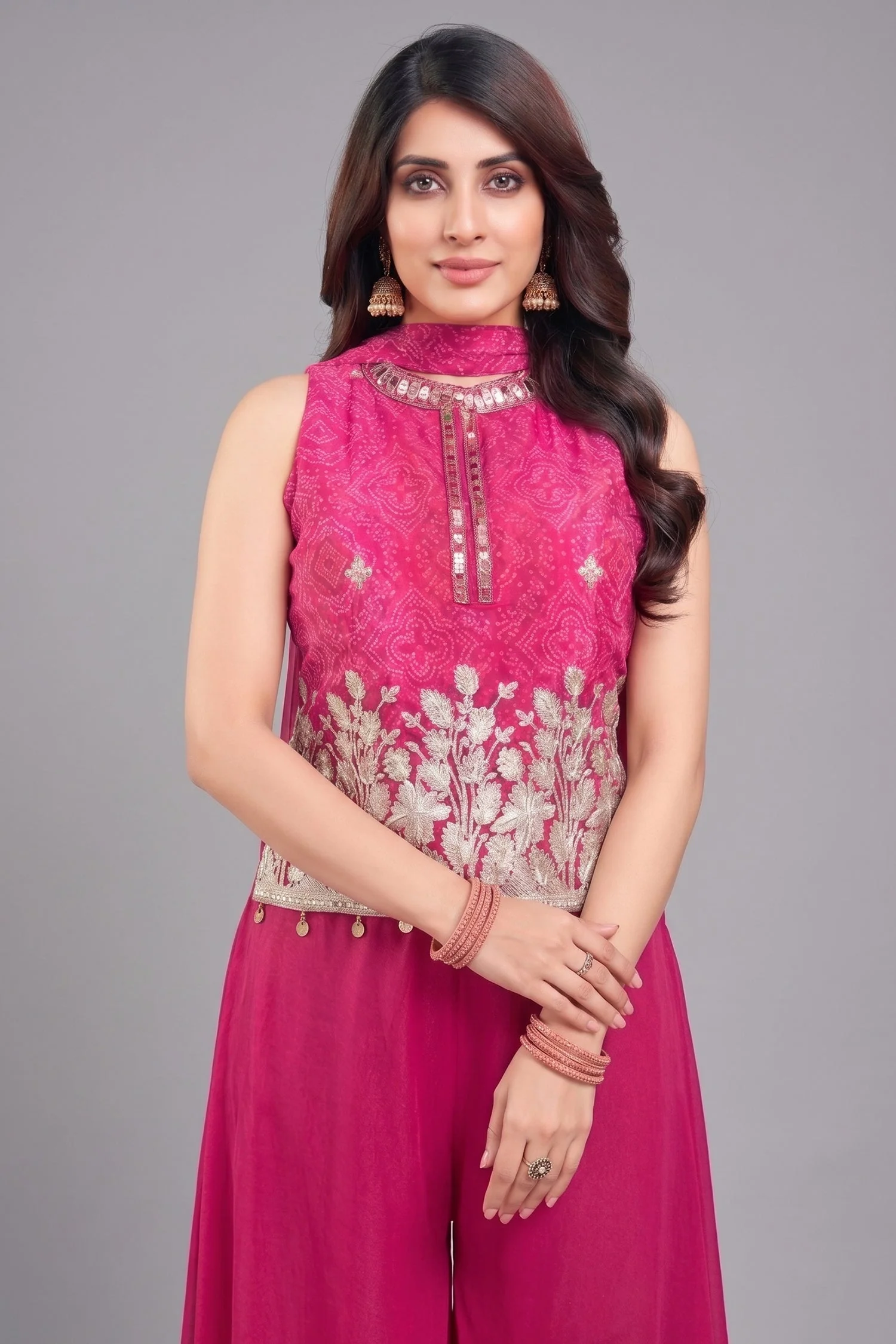 Pink Chinon Chiffon Printed Top and Palazzo Suit with Gota Work - Image 2