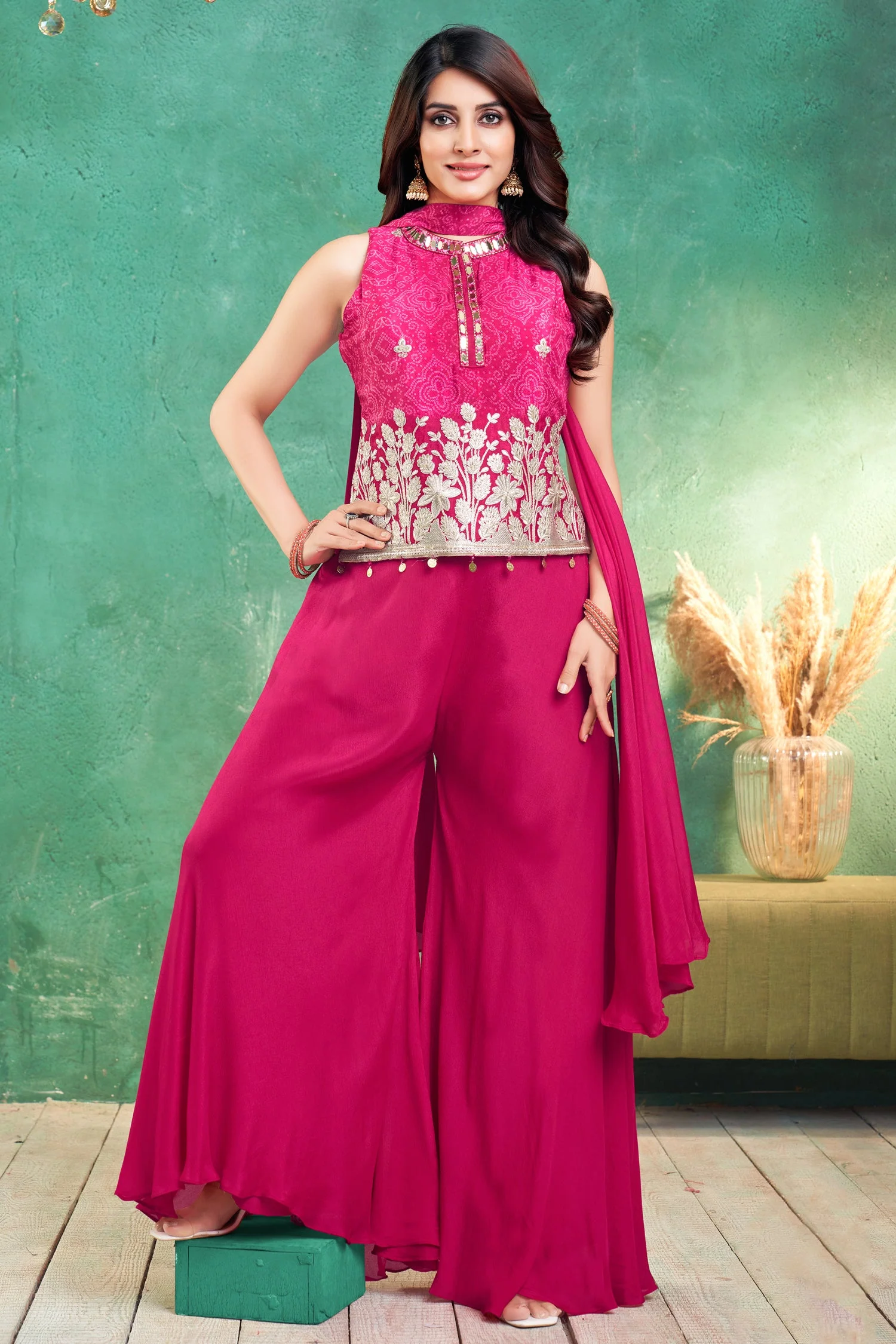 Pink Chinon Chiffon Printed Top and Palazzo Suit with Gota Work - Image 3