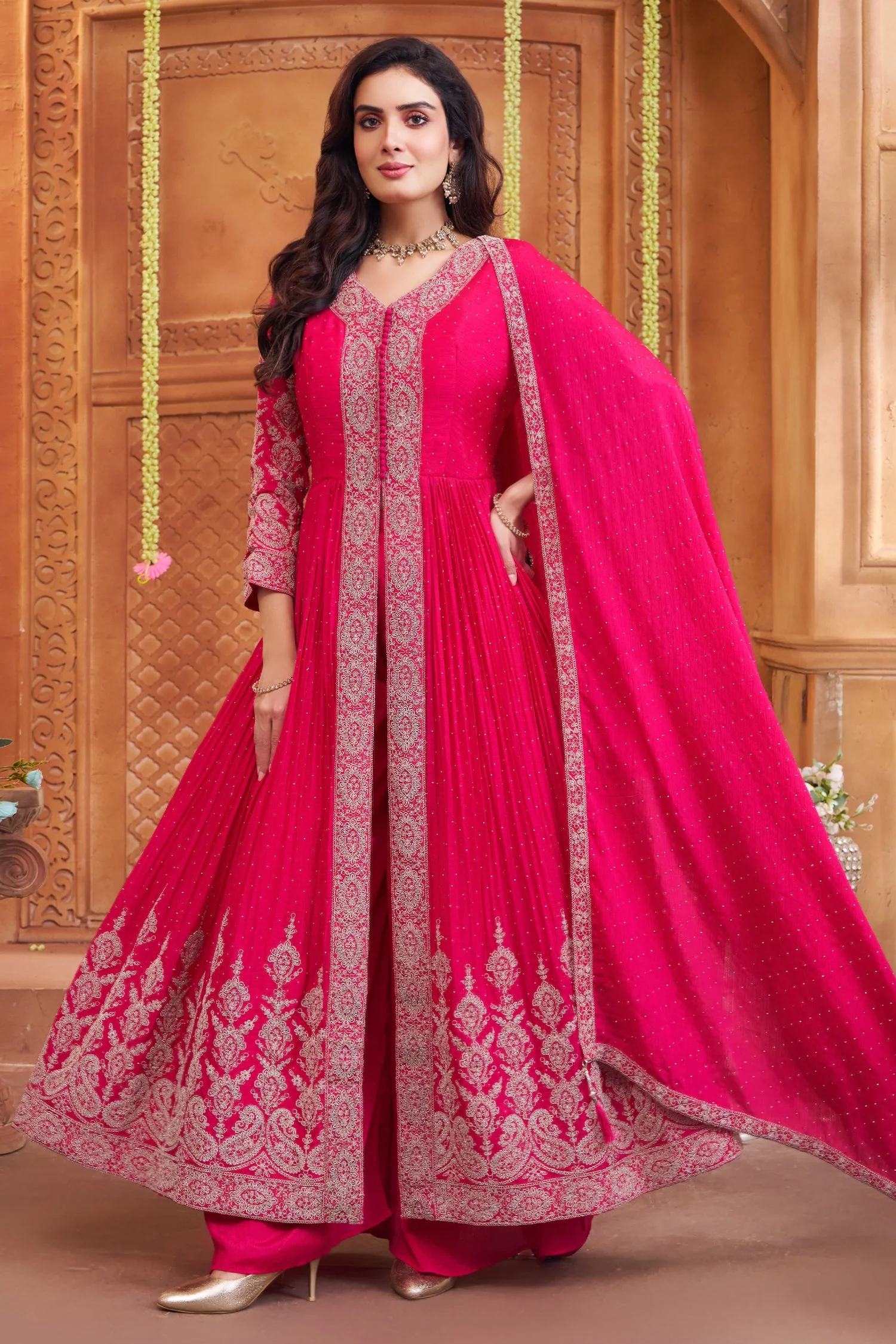 Pink Chinon Georgette Embroidered Slit Cut Palazzo Suit - Image 2