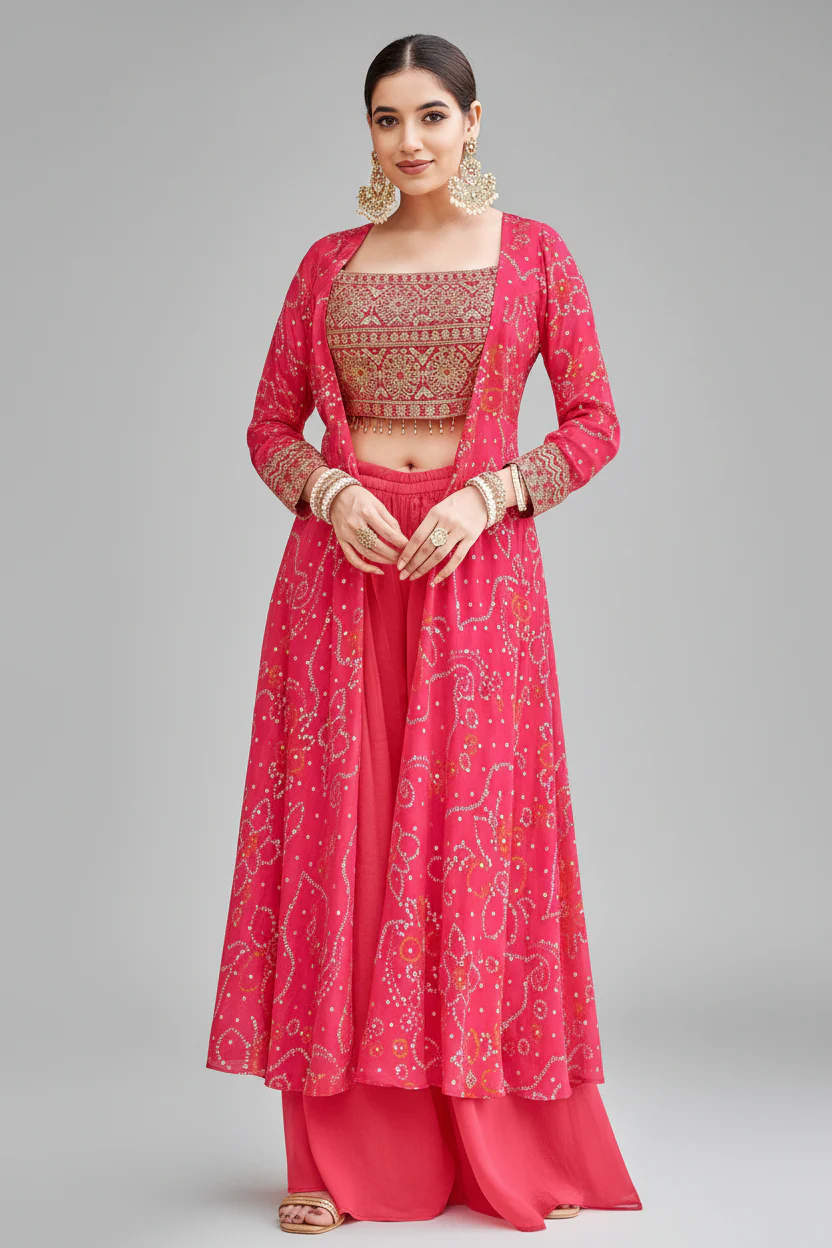 Pink Chinon Georgette Mirror Embroidered Crop Top Palazzo with Bandhej Jacket