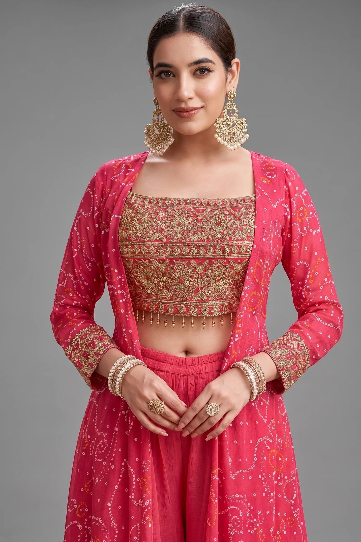 Pink Chinon Georgette Mirror Embroidered Crop Top Palazzo with Bandhej Jacket - Image 2