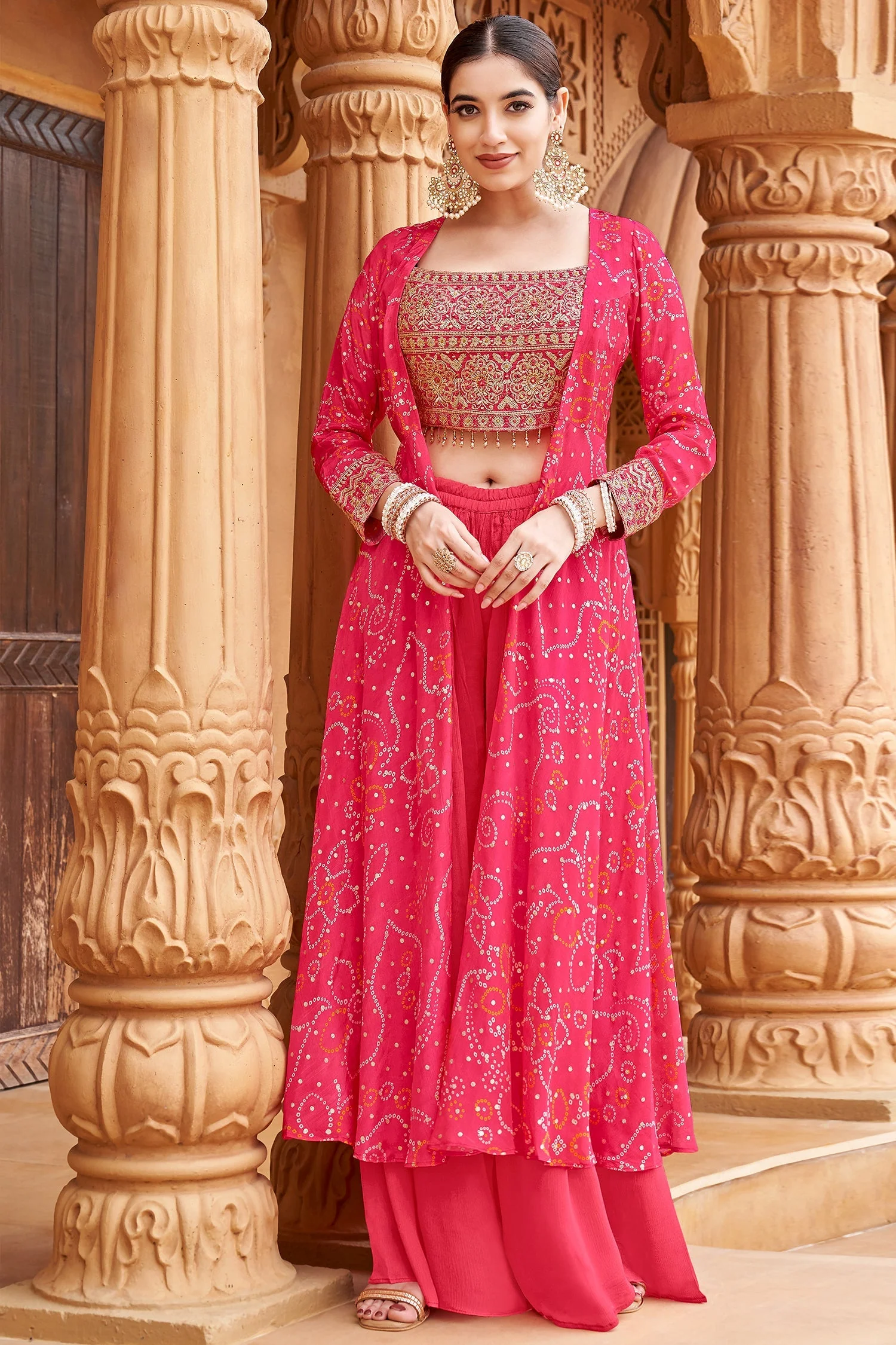 Pink Chinon Georgette Mirror Embroidered Crop Top Palazzo with Bandhej Jacket - Image 3