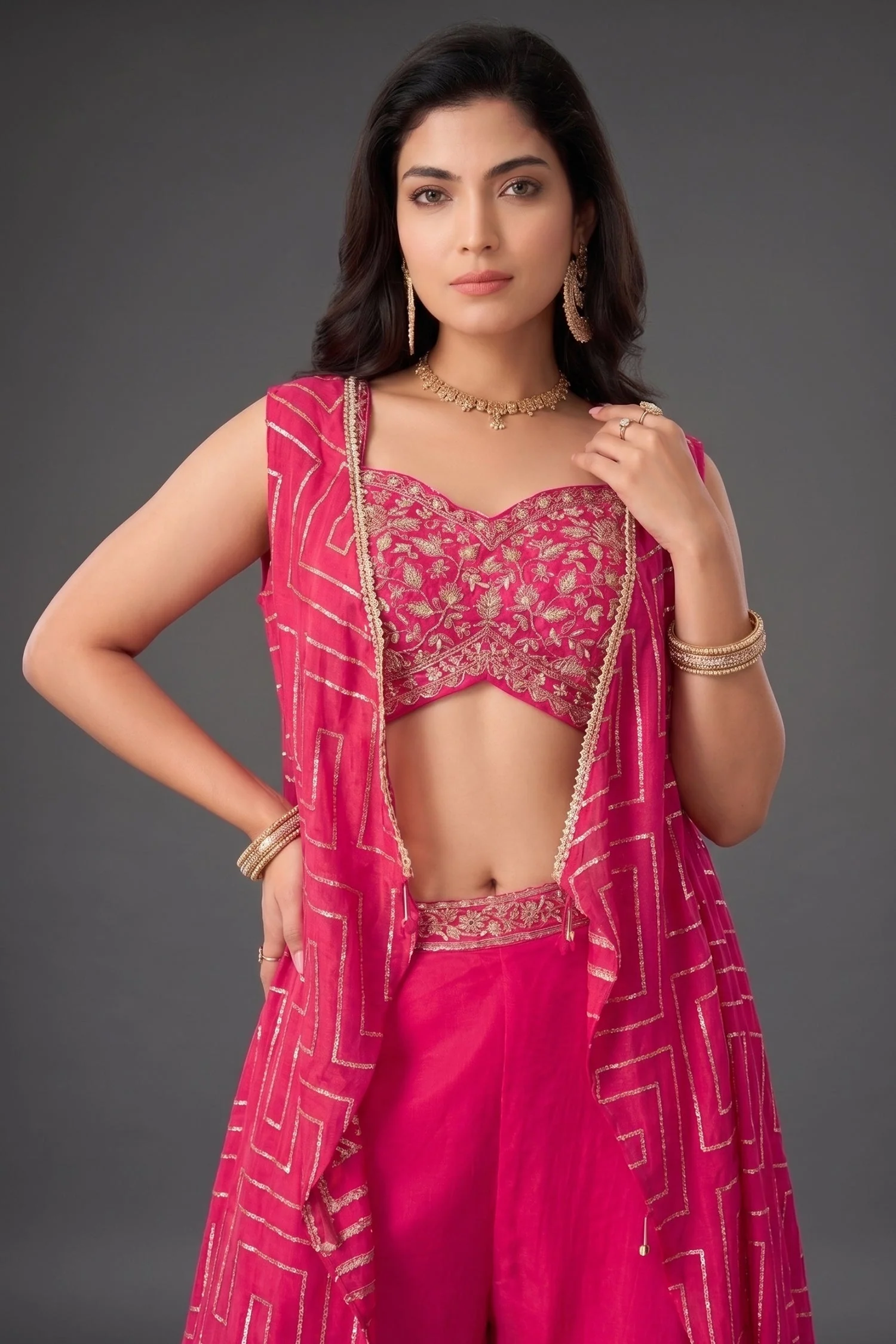 Pink Chinon Silk Crop Top Palazzo Set with Jacket - Image 2