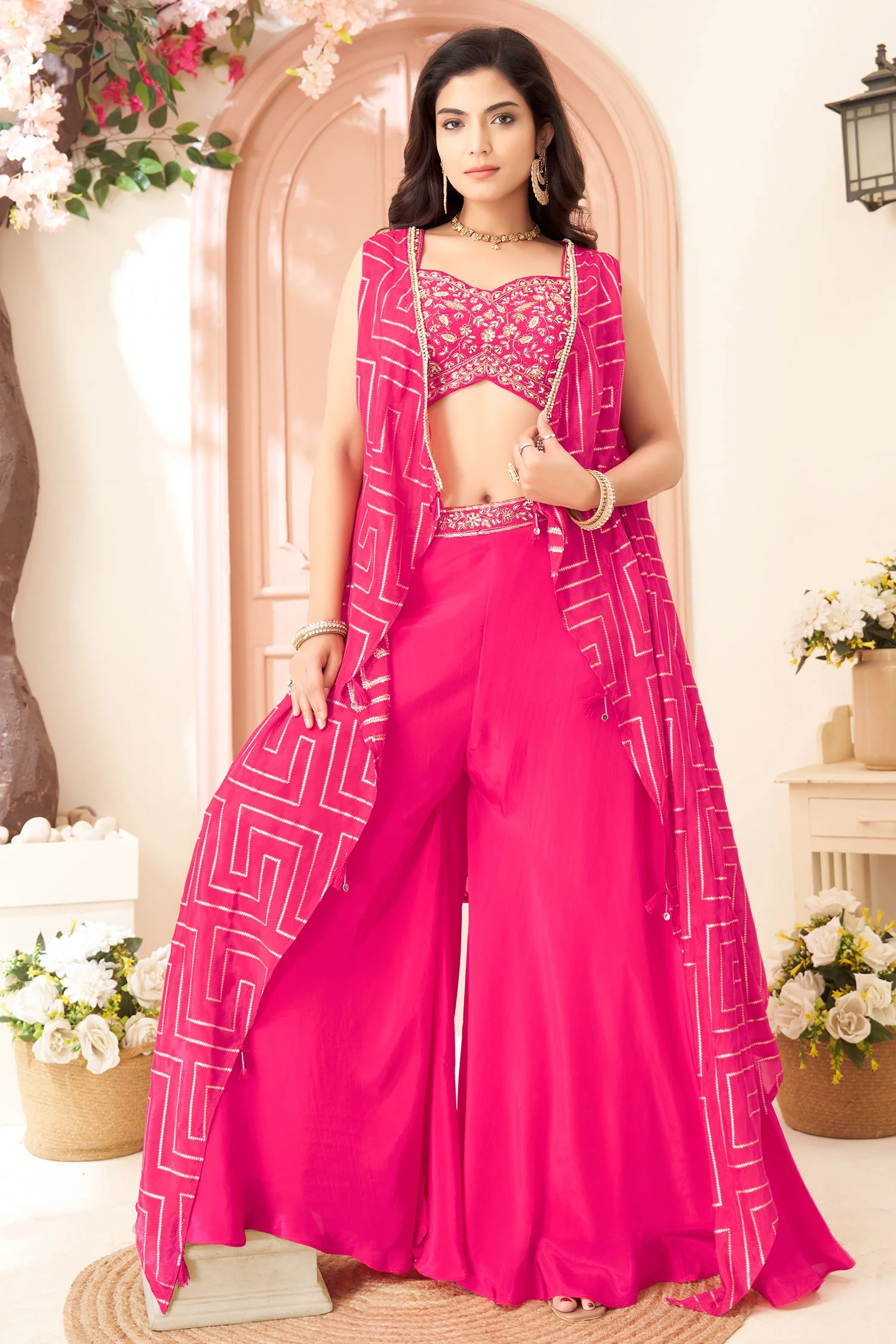 Pink Chinon Silk Crop Top Palazzo Set with Jacket - Image 3