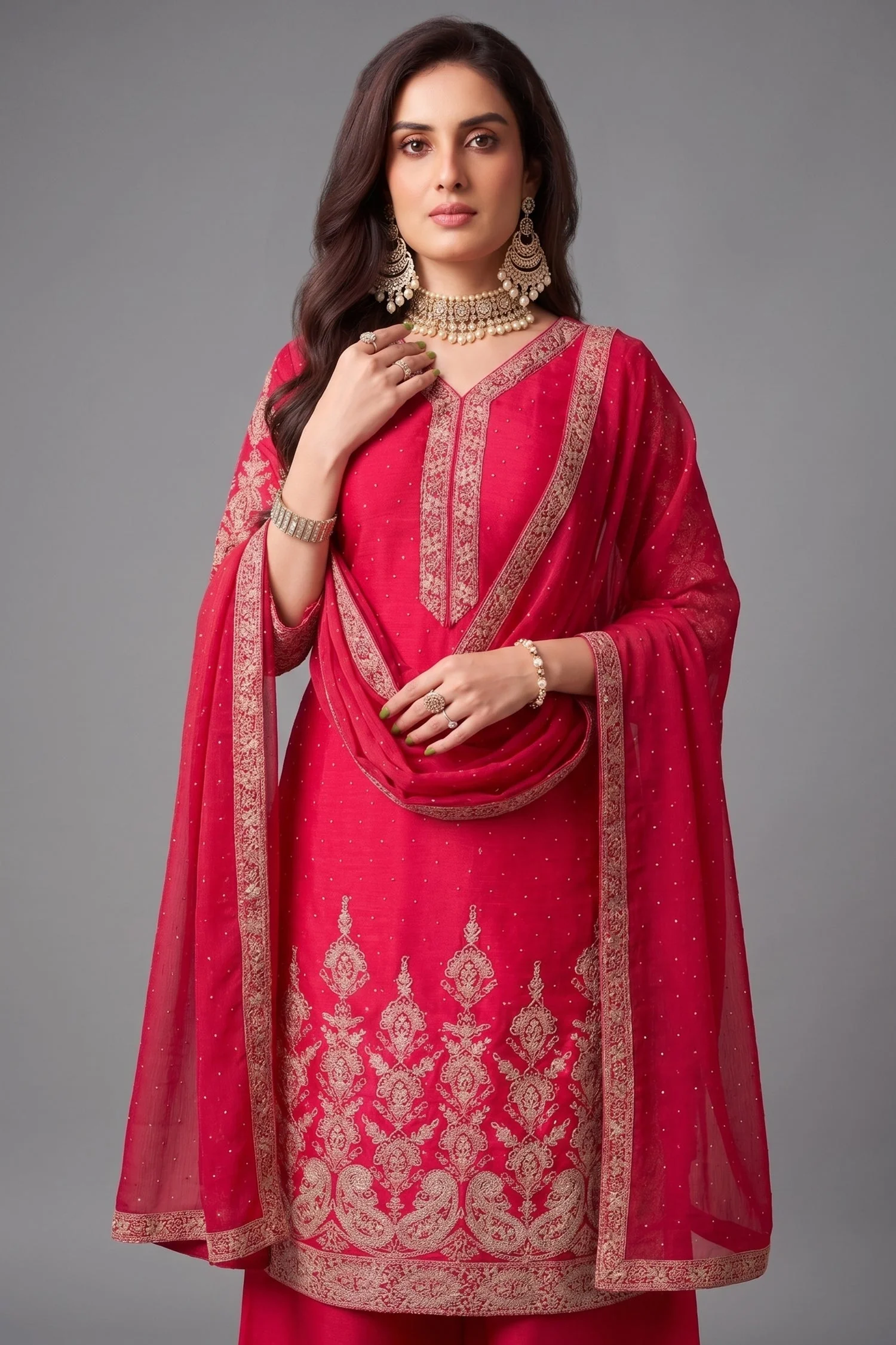 Pink Chinon Silk Embroidered Straight Cut Suit - Image 2