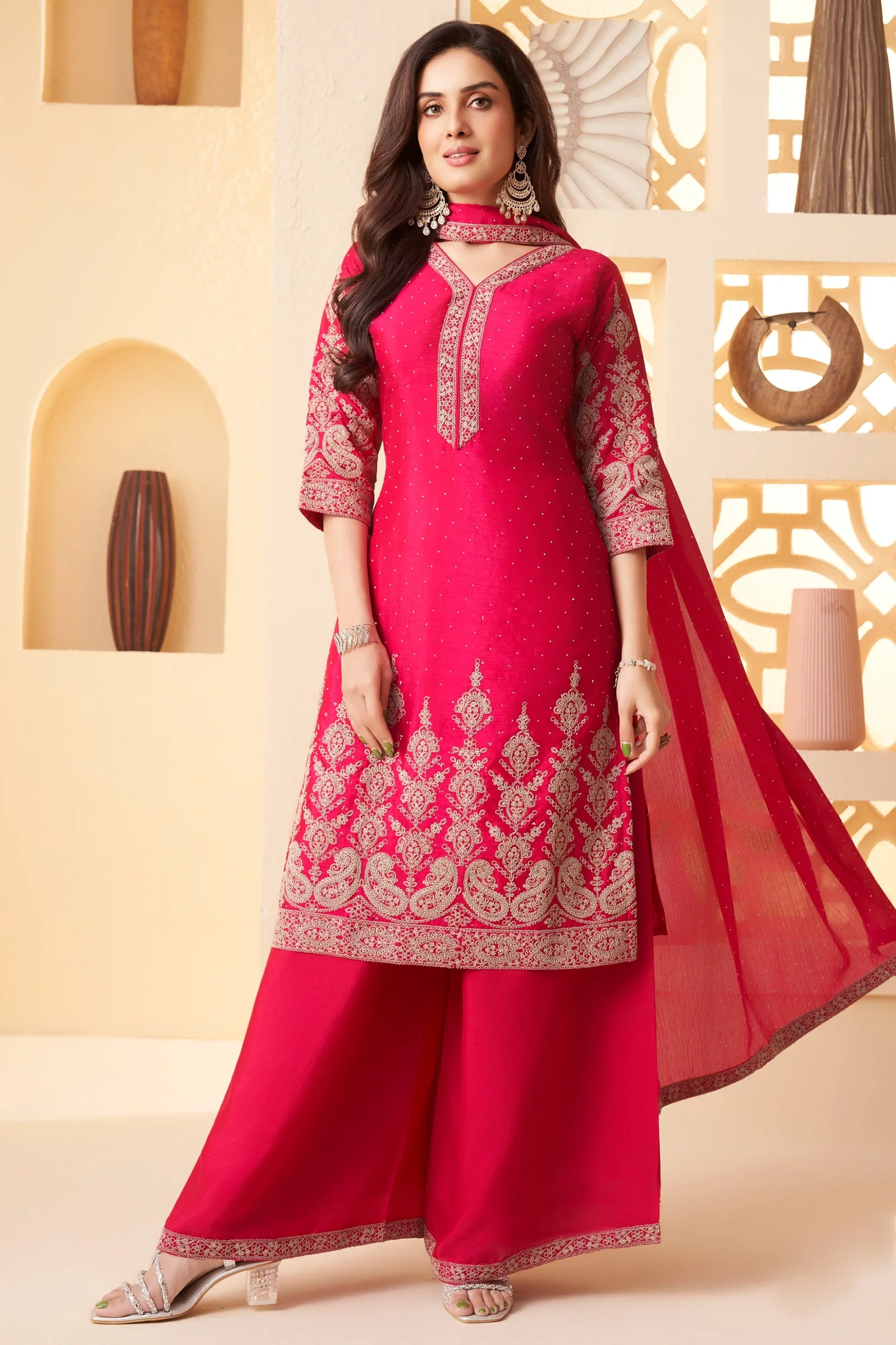 Pink Chinon Silk Embroidered Straight Cut Suit - Image 3