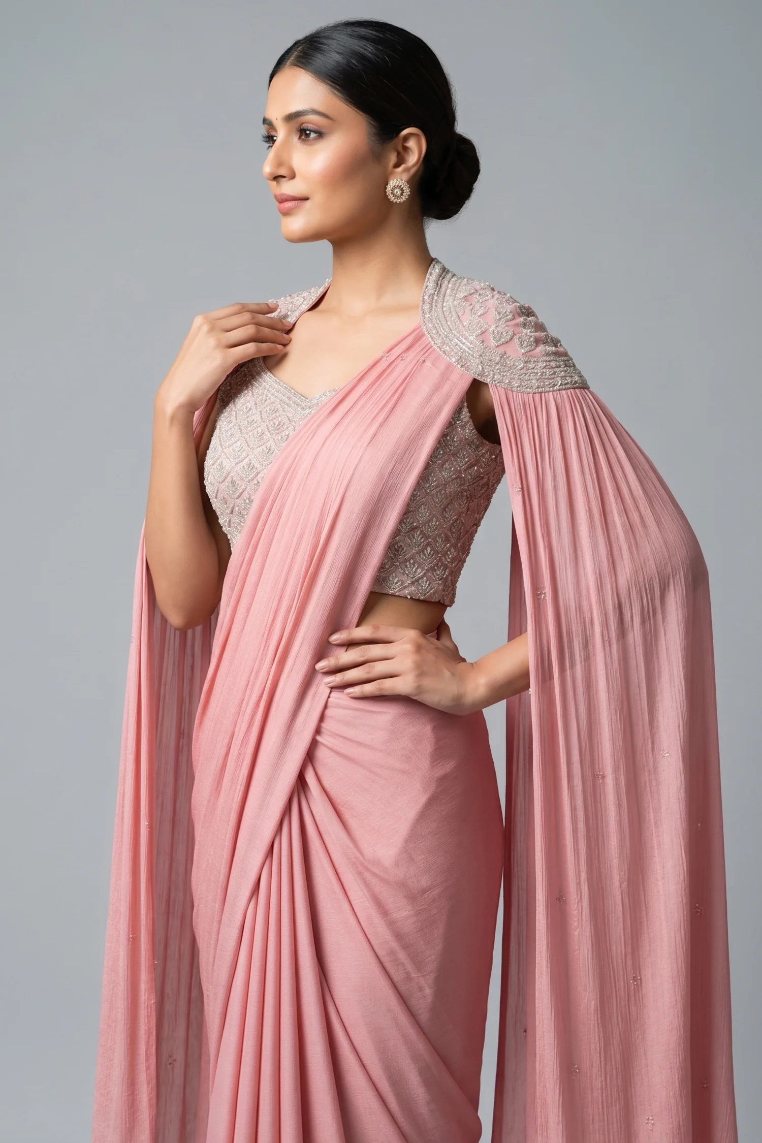 Pink Chinon Silk Sequin Worked Pre Draped Saree with Cape - Image 2