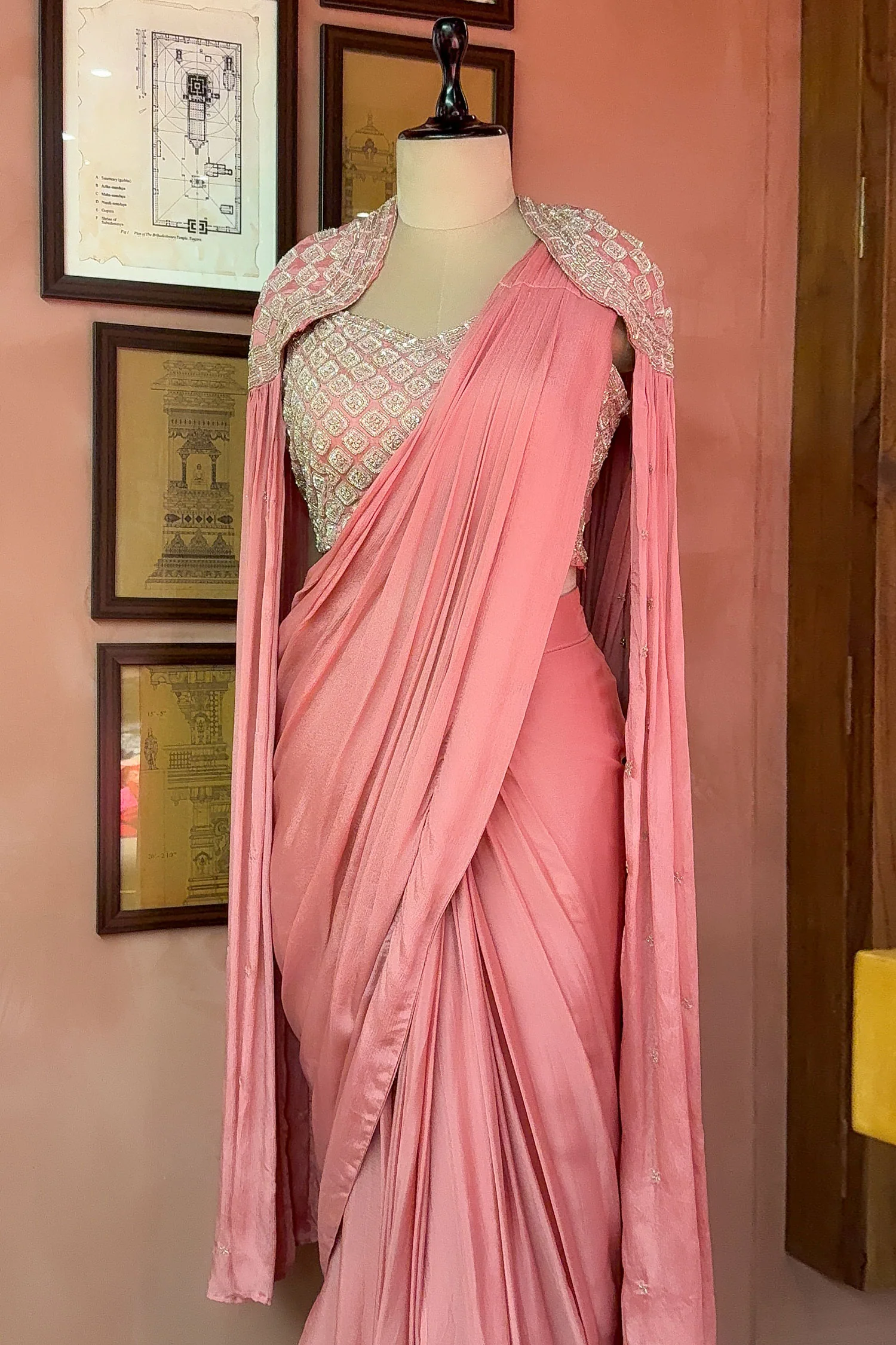 Pink Chinon Silk Sequin Worked Pre Draped Saree with Cape - Image 3