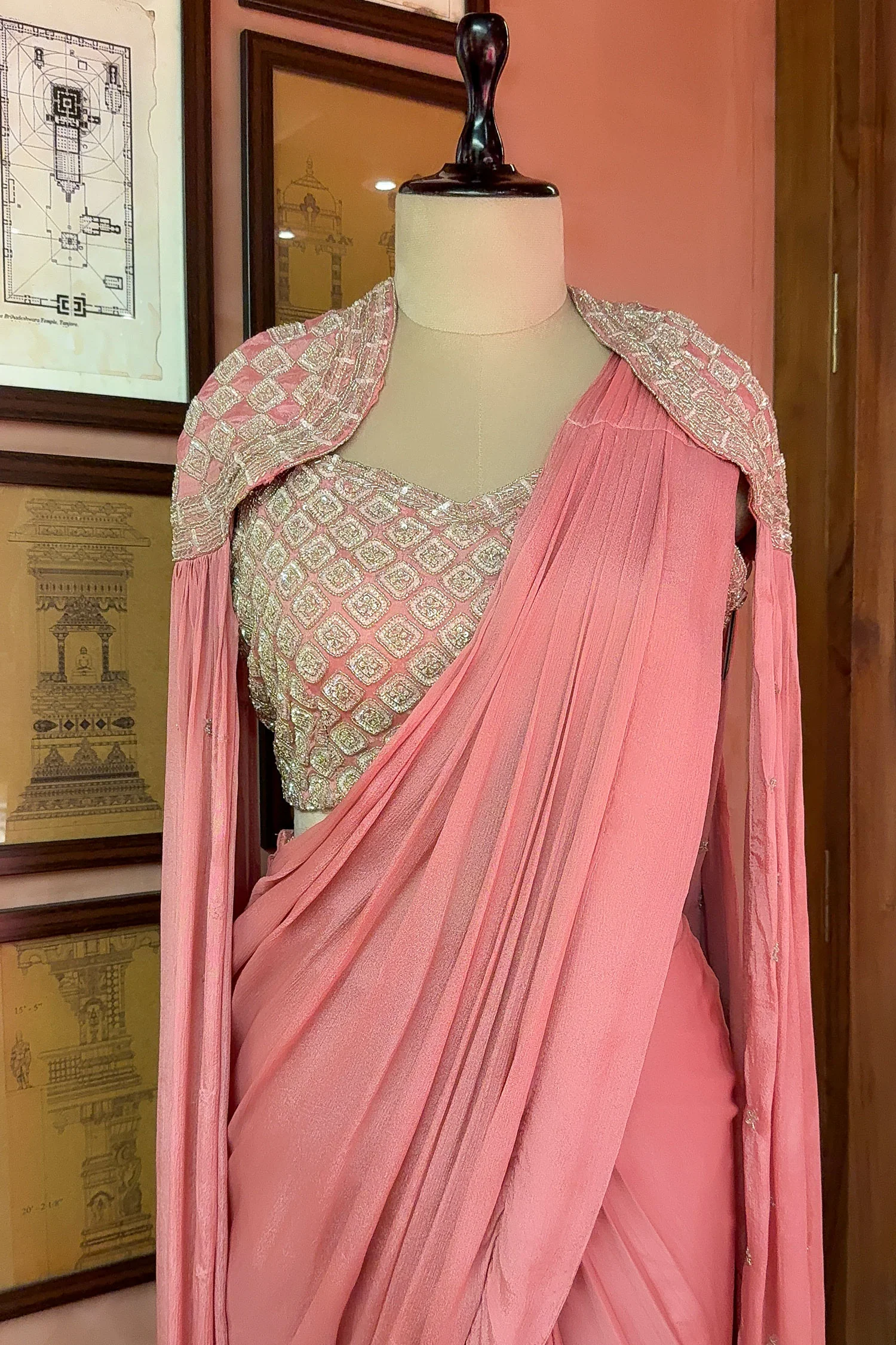Pink Chinon Silk Sequin Worked Pre Draped Saree with Cape - Image 4