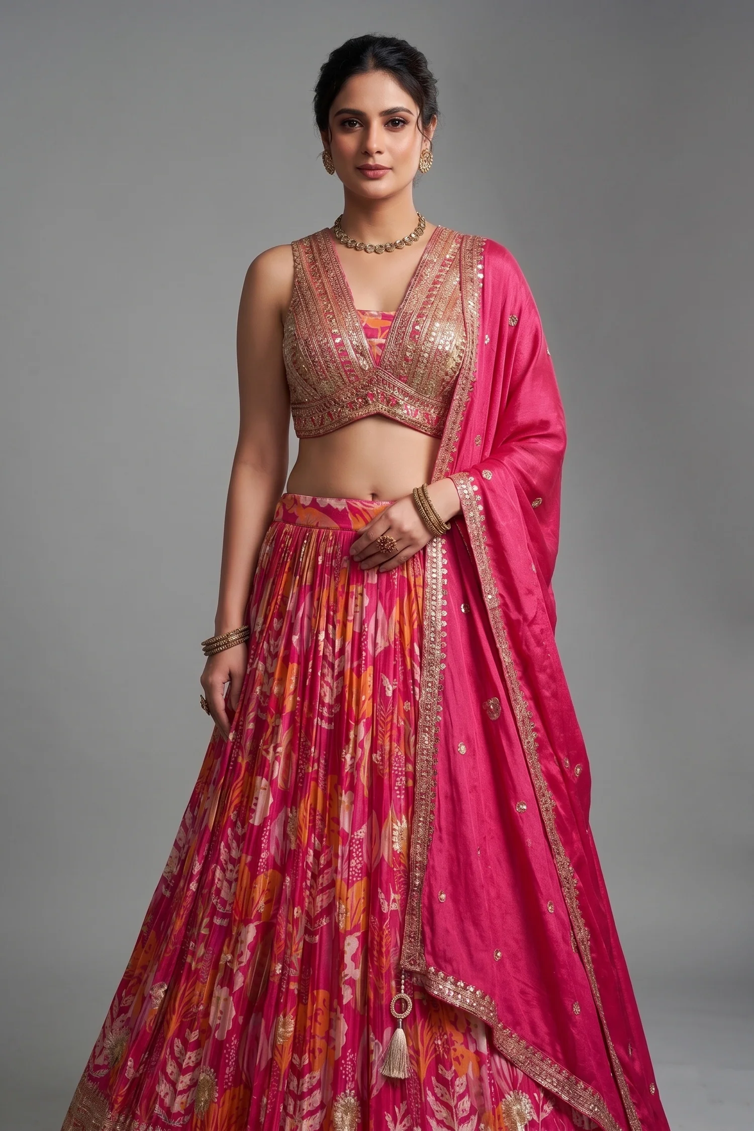 Pink Crepe Chinon Floral Printed Lehenga with Sequin Work - Image 2