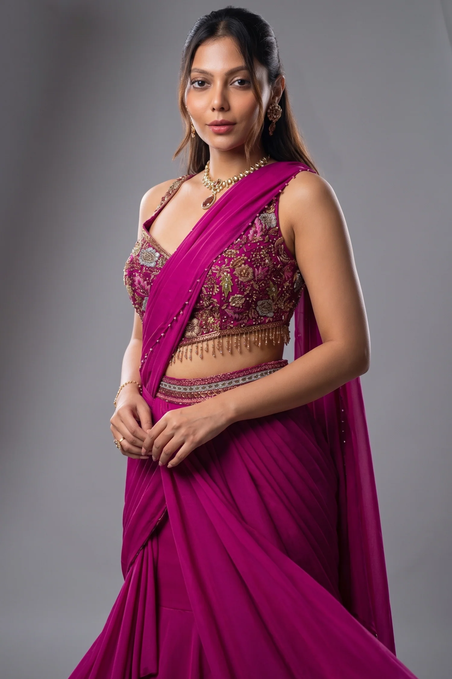Pink Crepe Satin Draped Lehenga with Attached Dupatta and Designer Blouse - Image 2